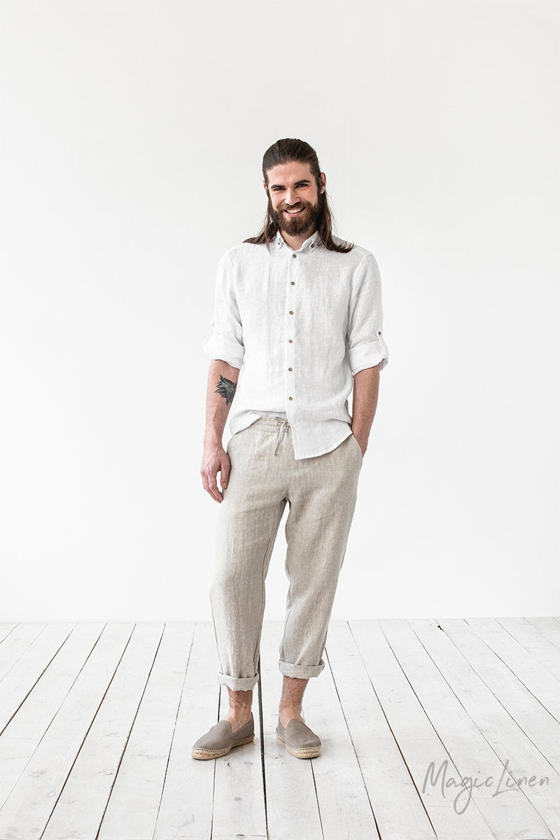 Mens Natural Linen Pants - Tapered Trousers in Natural Melange - Lightweight Drawstring Pants - Breathable Soft Sustainable Menswear PALERMO