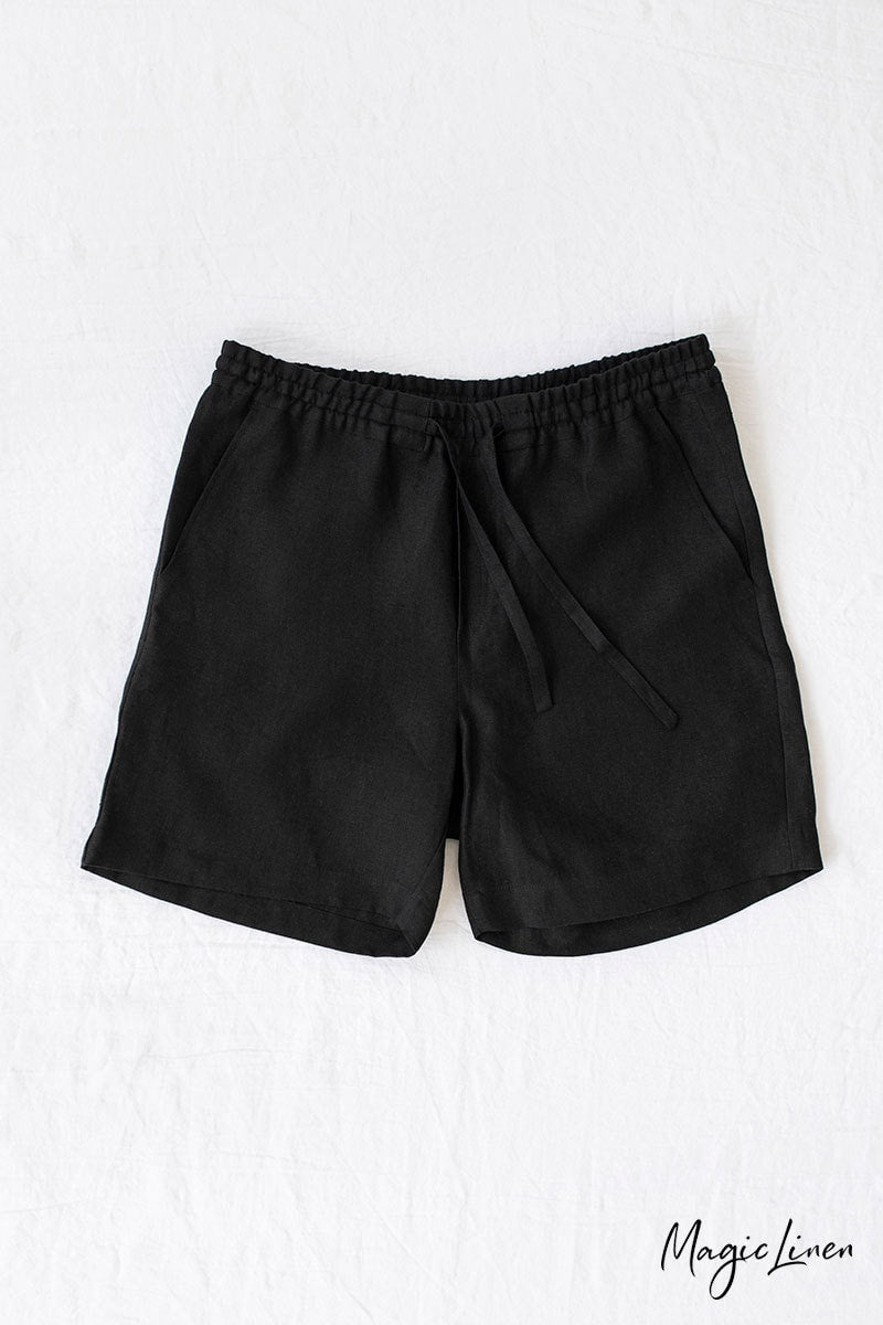 Mens Linen Shorts - Black Drawstring Shorts with Relaxed Fit - Lightweight Ethical Vacation Clothing - Breathable Outfit, Look STOWE