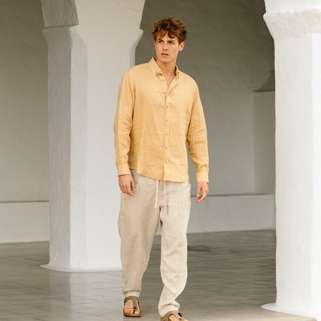 Mens Linen Shirt - Long Sleeve Lightweight Button Down Shirt for Men - Relaxed Fit Neutral Linen Top - Sandy Beige Outfit NEVADA