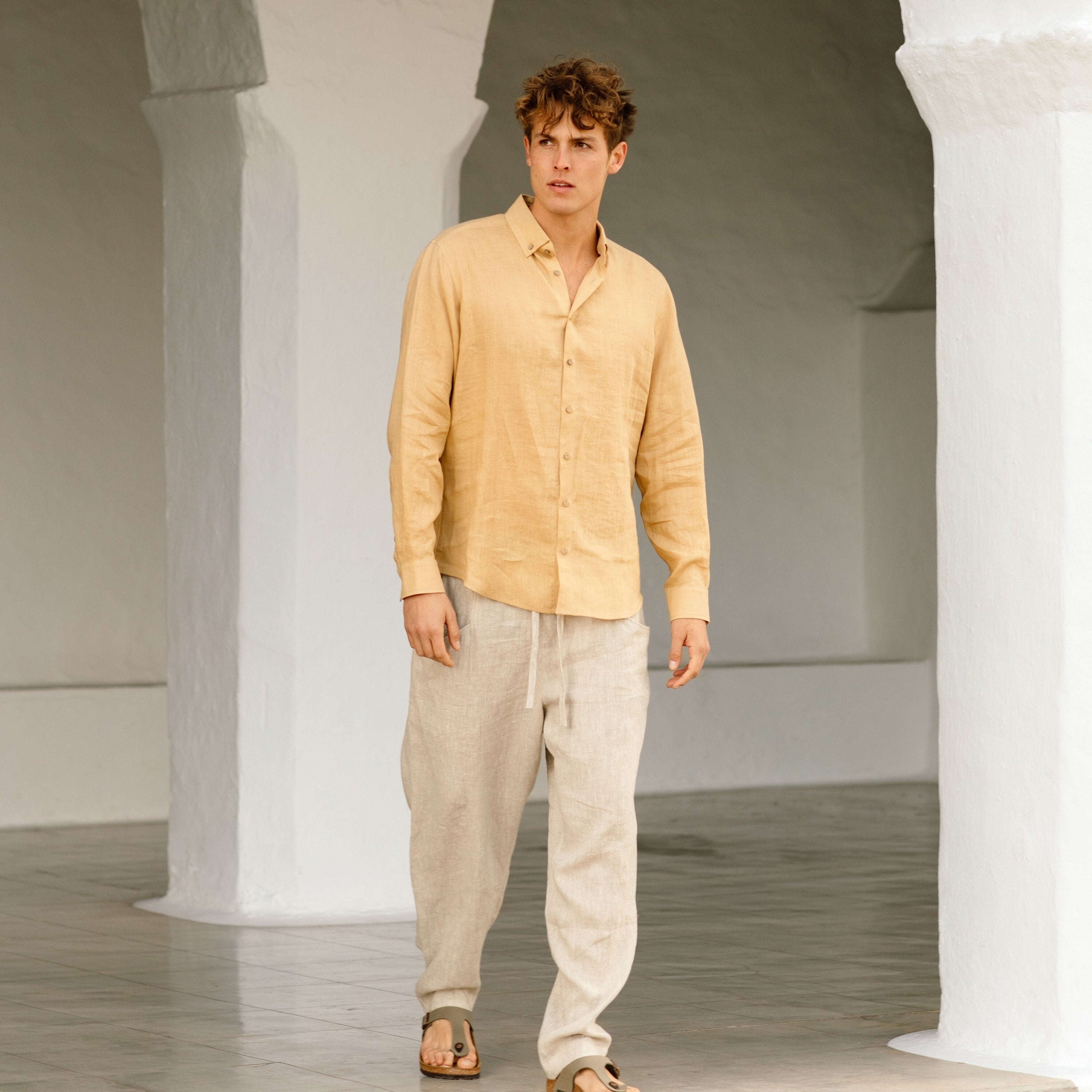 Mens Linen Shirt - Long Sleeve Lightweight Button Down Shirt for Men - Relaxed Fit Neutral Linen Top - Sandy Beige Outfit NEVADA