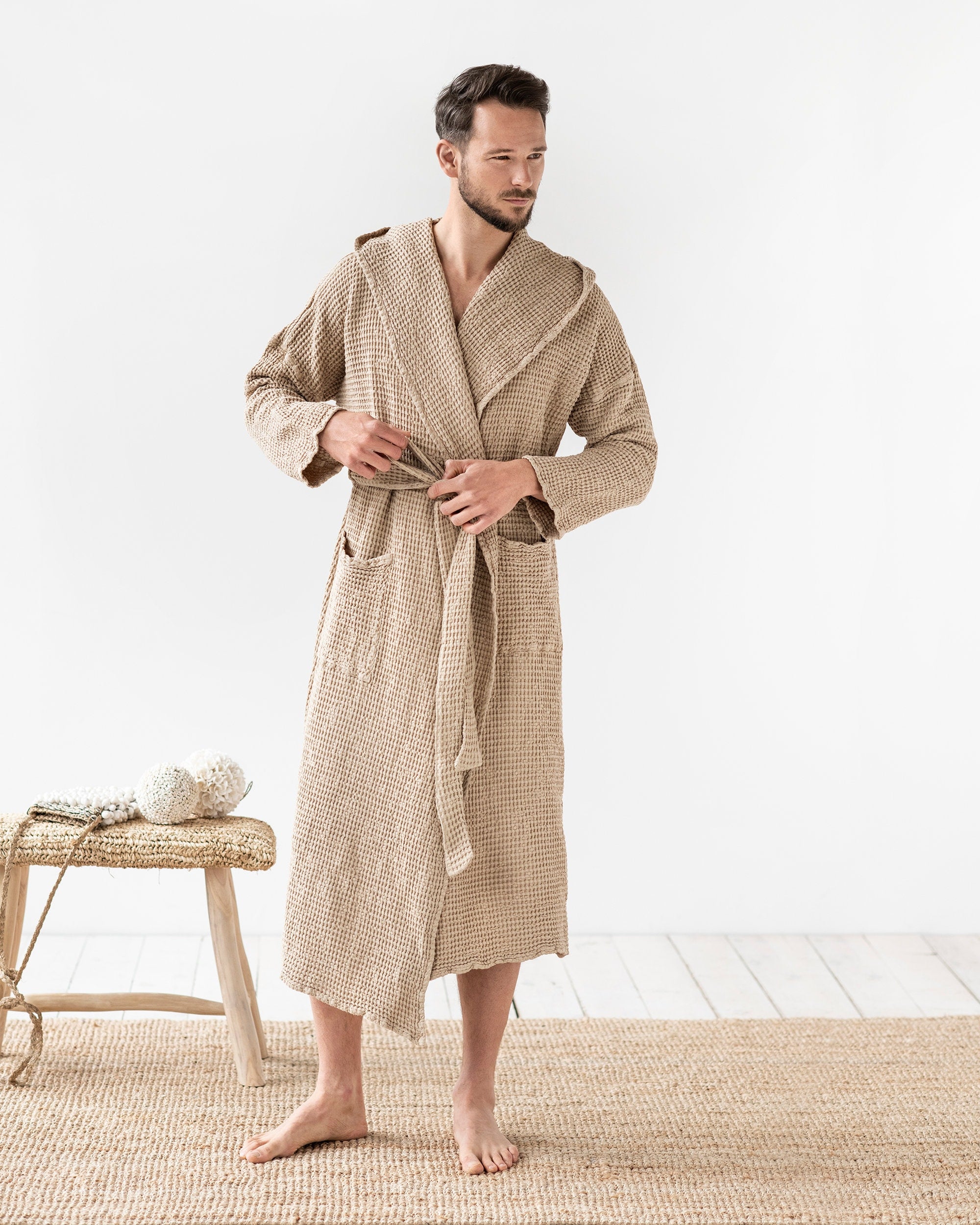 Men's Waffle Linen Robe with Hood - Lightweight Stonewashed Bathrobe - Soft Absorbent Loungewear for Him, Father's Day in Neutral Tones