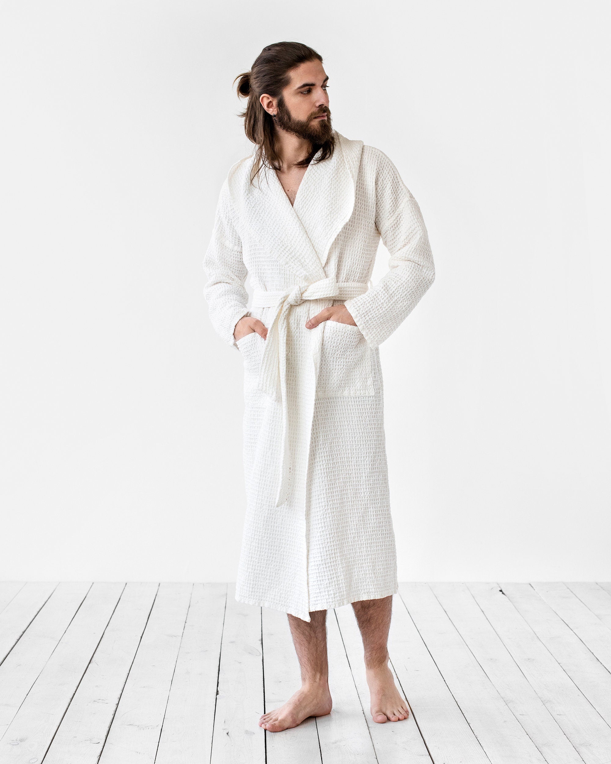 Men's Waffle Linen Robe with Hood - Lightweight Stonewashed Bathrobe - Soft Absorbent Loungewear for Him, Father's Day in Neutral Tones