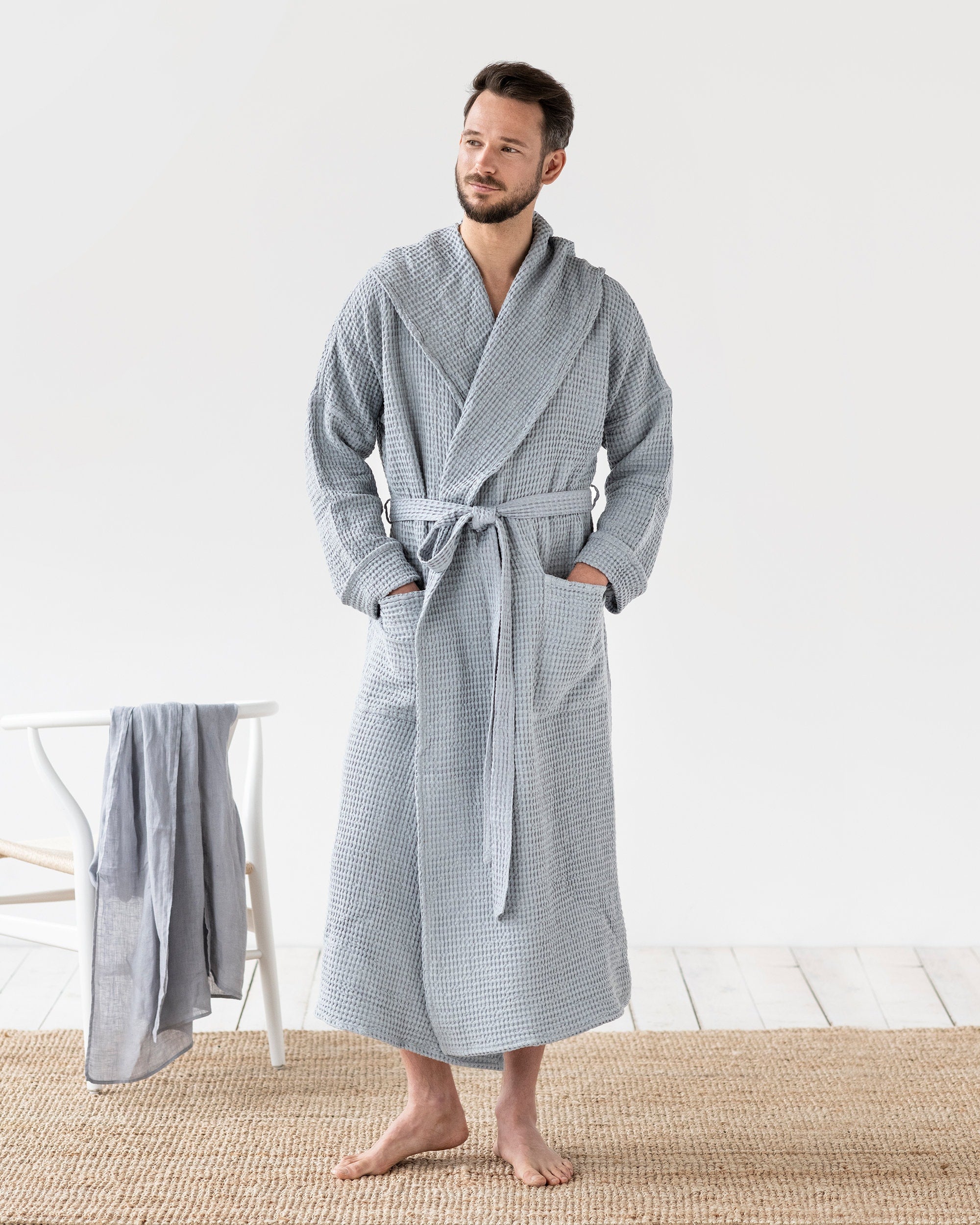 Men's Waffle Linen Robe with Hood - Lightweight Stonewashed Bathrobe - Soft Absorbent Loungewear for Him, Father's Day in Neutral Tones
