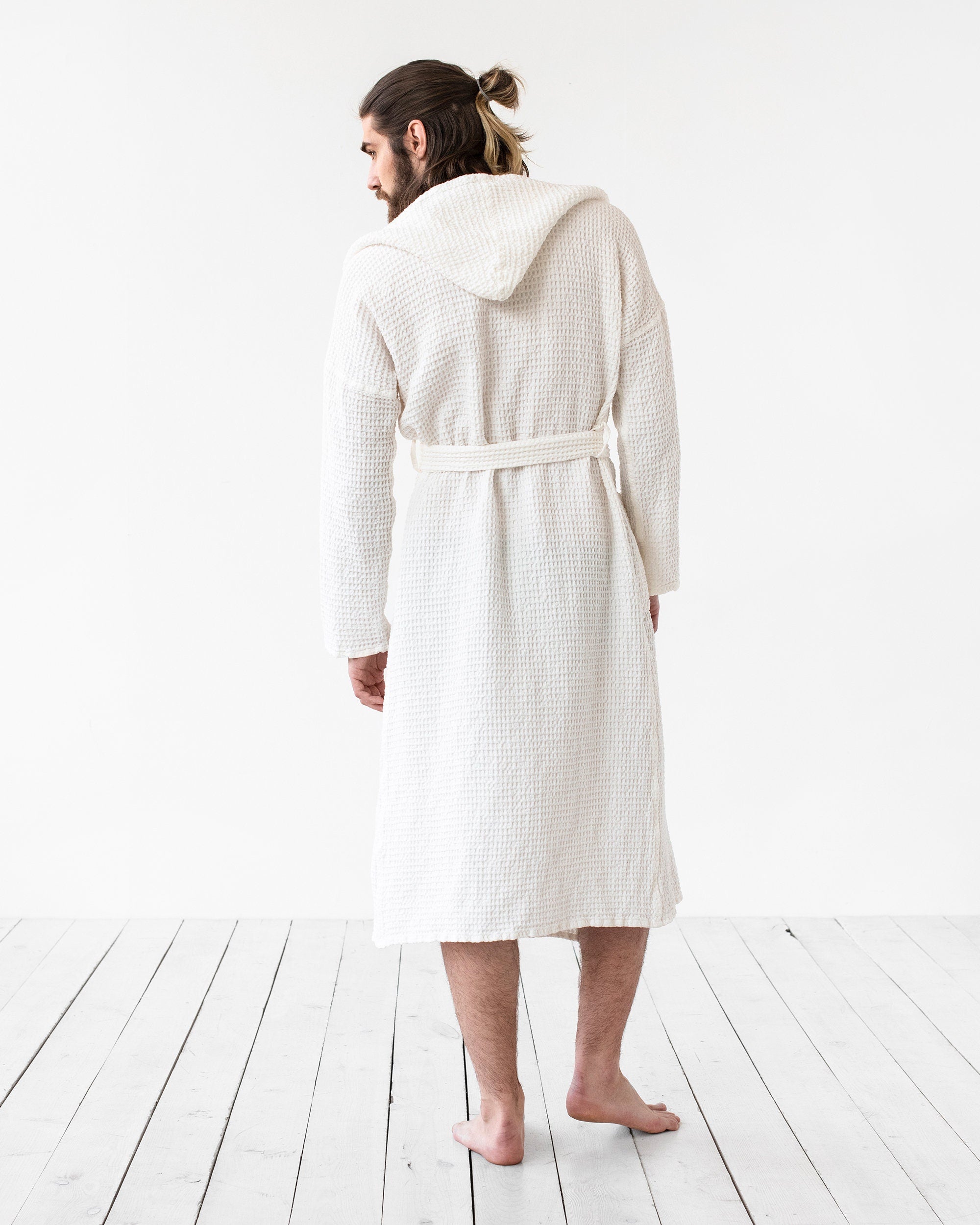 Men's Waffle Linen Robe with Hood - Lightweight Stonewashed Bathrobe - Soft Absorbent Loungewear for Him, Father's Day in Neutral Tones