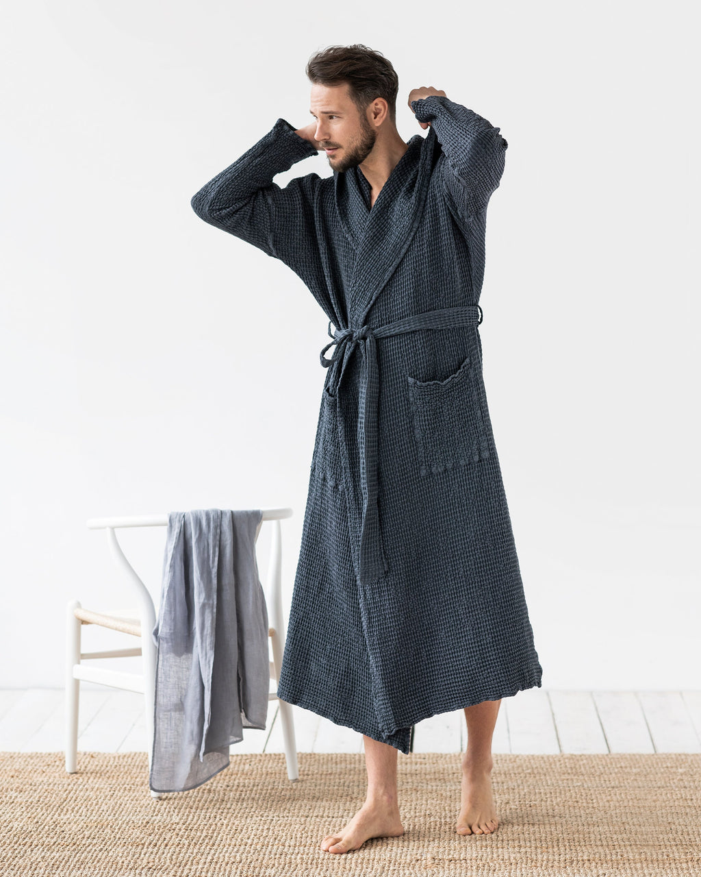 Men's Waffle Linen Robe with Hood - Lightweight Stonewashed Bathrobe - Soft Absorbent Loungewear for Him, Father's Day in Neutral Tones