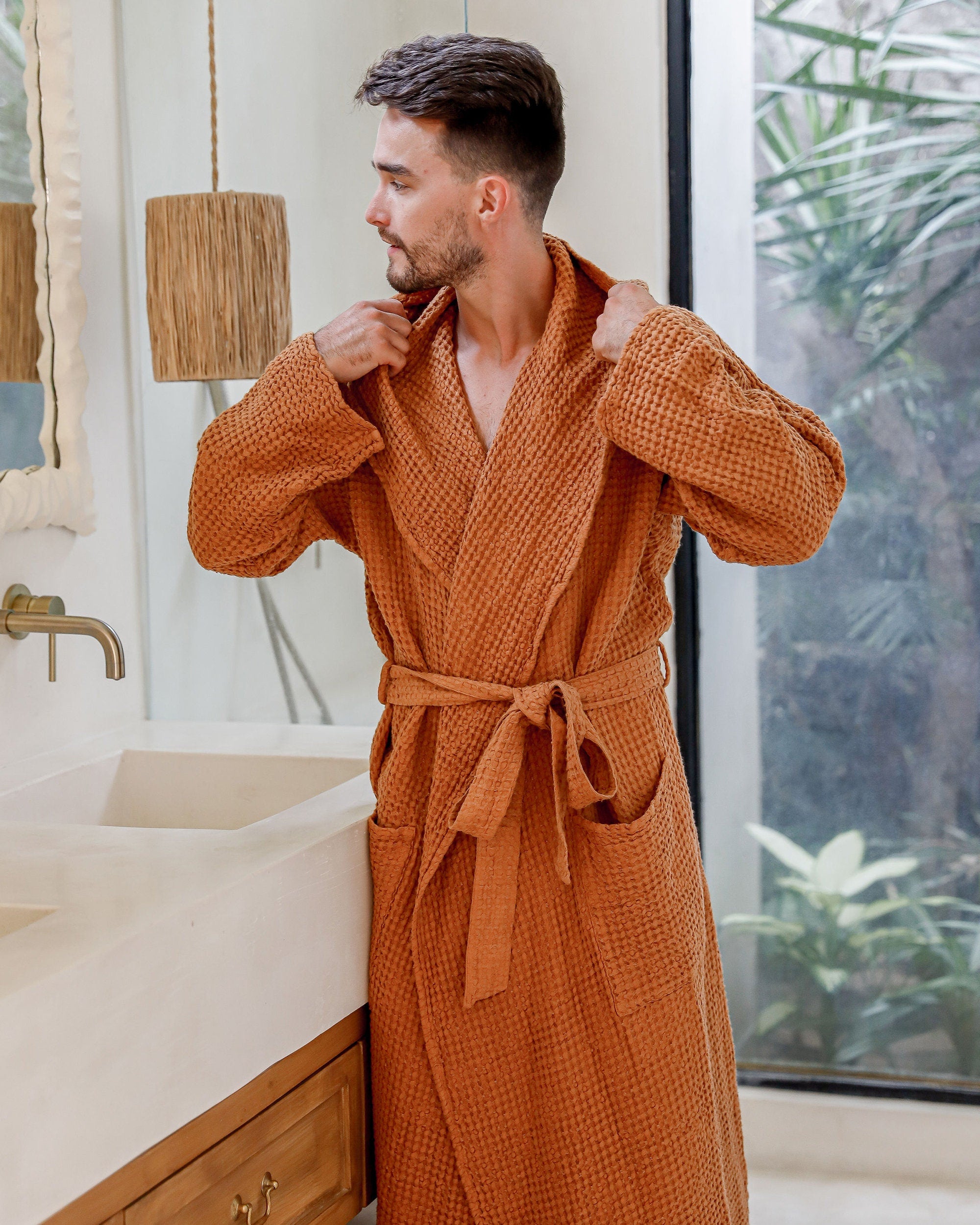 Men's Waffle Linen Robe with Hood - Lightweight Stonewashed Bathrobe - Soft Absorbent Loungewear for Him, Father's Day in Neutral Tones