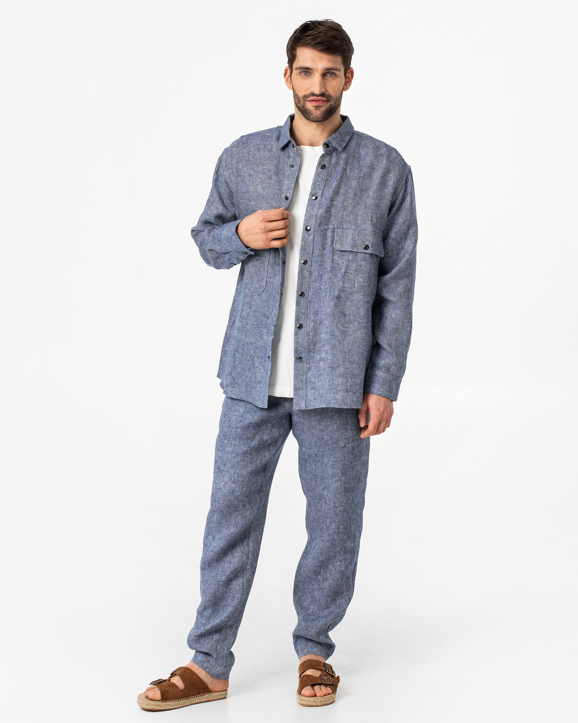 Men's Heavyweight Linen Shirt - Oversized Button Up Linen Overshirt - Denim Look Fall Shirt for Men - Organic Flax Long Sleeve ASHEVILLE