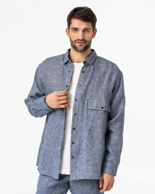 Men's Heavyweight Linen Shirt - Oversized Button Up Linen Overshirt - Denim Look Fall Shirt for Men - Organic Flax Long Sleeve ASHEVILLE