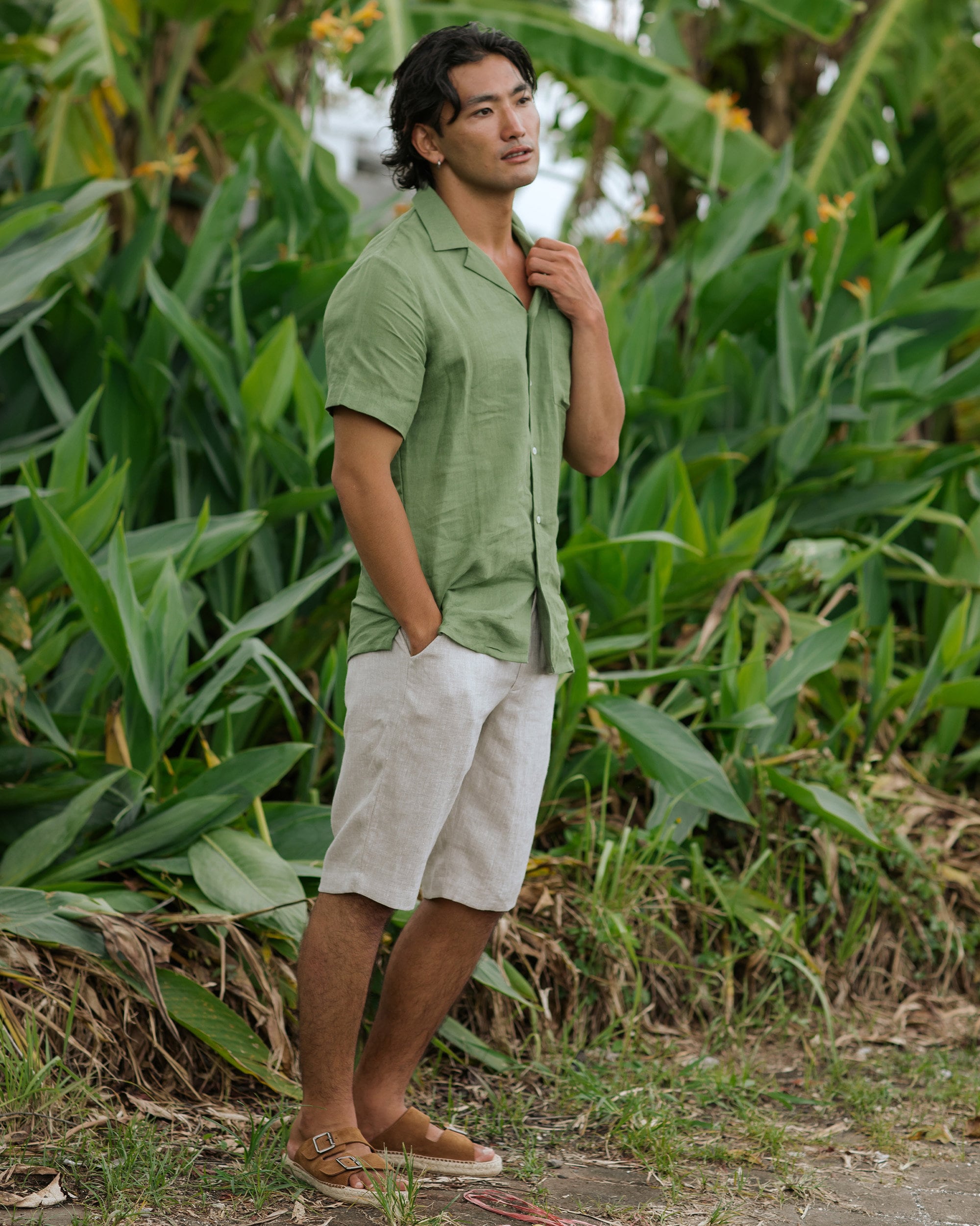 Mens Linen Camp Shirt - Short Sleeve Button Up Shirt for Men - Lightweight Relaxed Fit Vacation Shirt - Forest Green HAWI