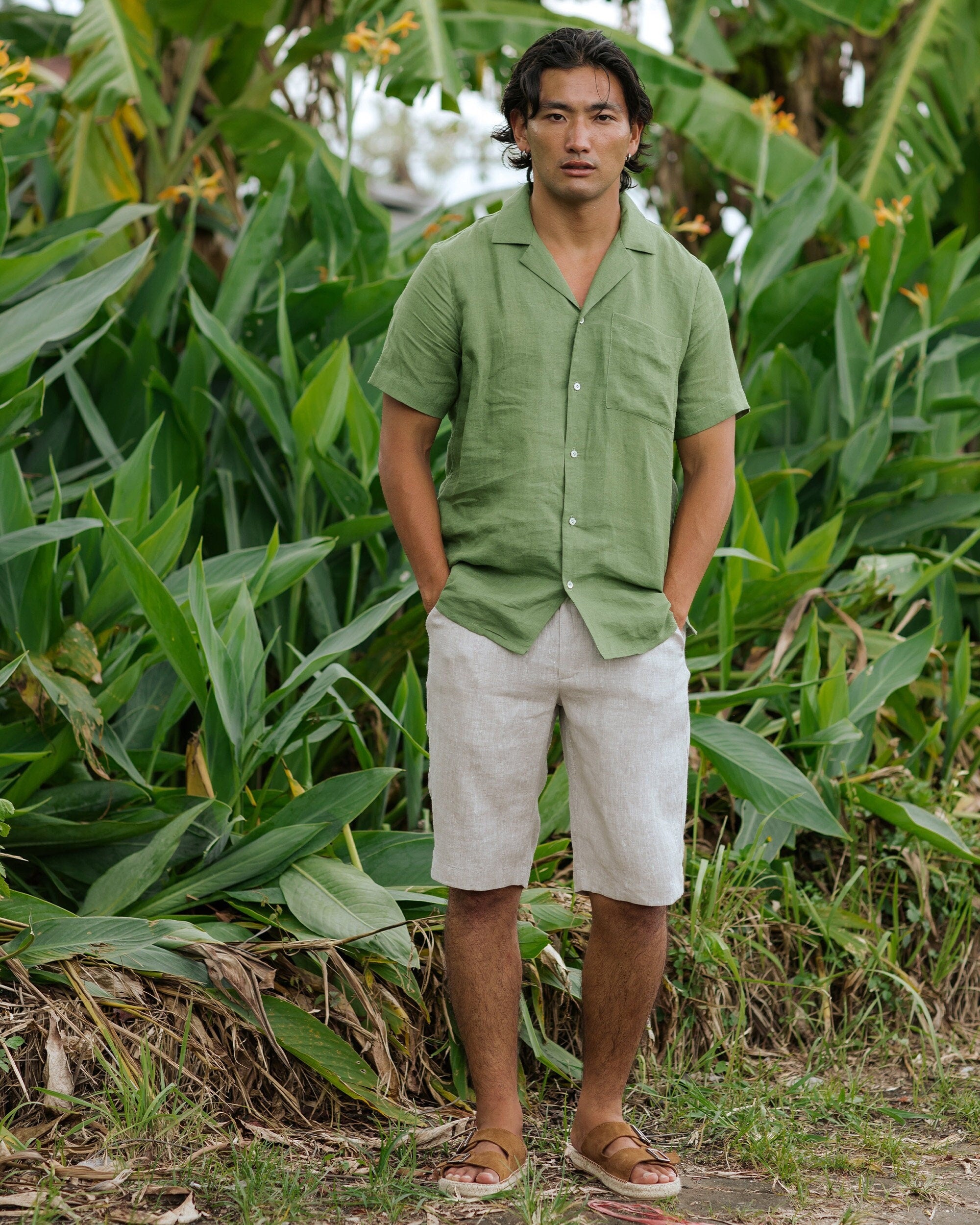 Mens Linen Camp Shirt - Short Sleeve Button Up Shirt for Men - Lightweight Relaxed Fit Vacation Shirt - Cream White HAWI
