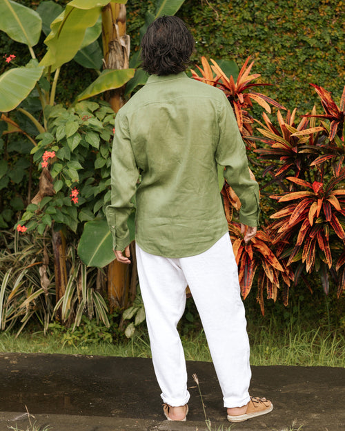 Men's Linen Shirt - Forest Green Lightweight Long Sleeve Button Down Shirt - Breathable Travel Top - Outfit, Look Gift for Him NEVADA