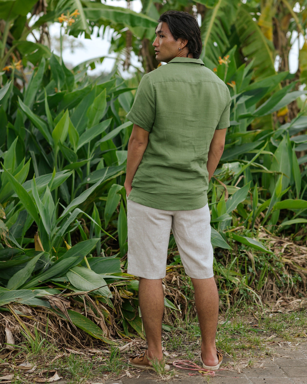 Mens Linen Camp Shirt - Short Sleeve Button Up Shirt for Men - Lightweight Relaxed Fit Vacation Shirt - Forest Green HAWI
