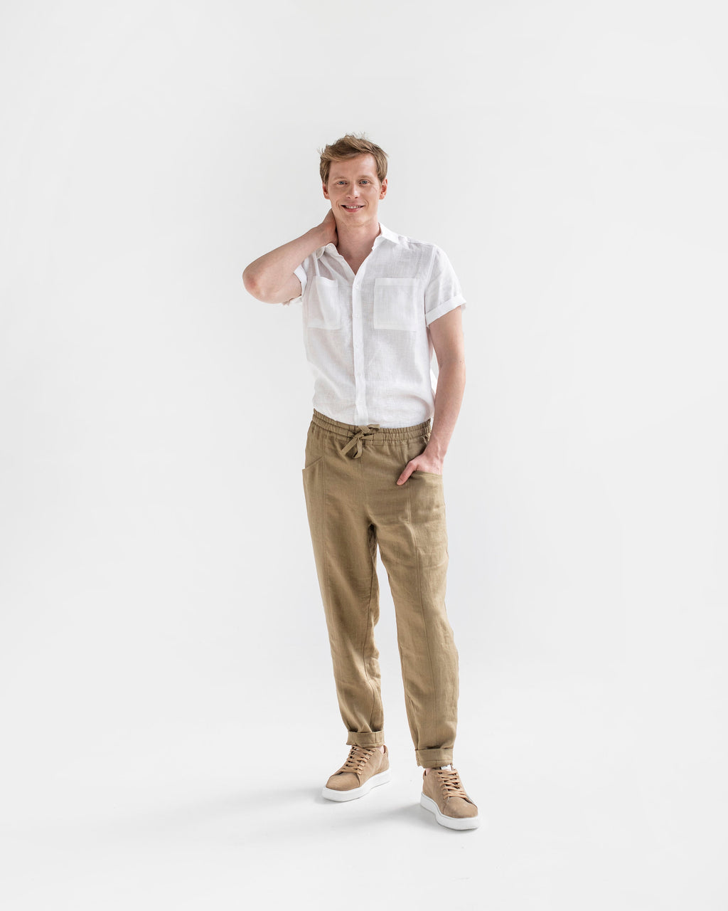 Men's Linen Pants - Breathable Trousers with Elastic Waist and Cargo Pockets - Lightweight Casual Wear TRUCKEE
