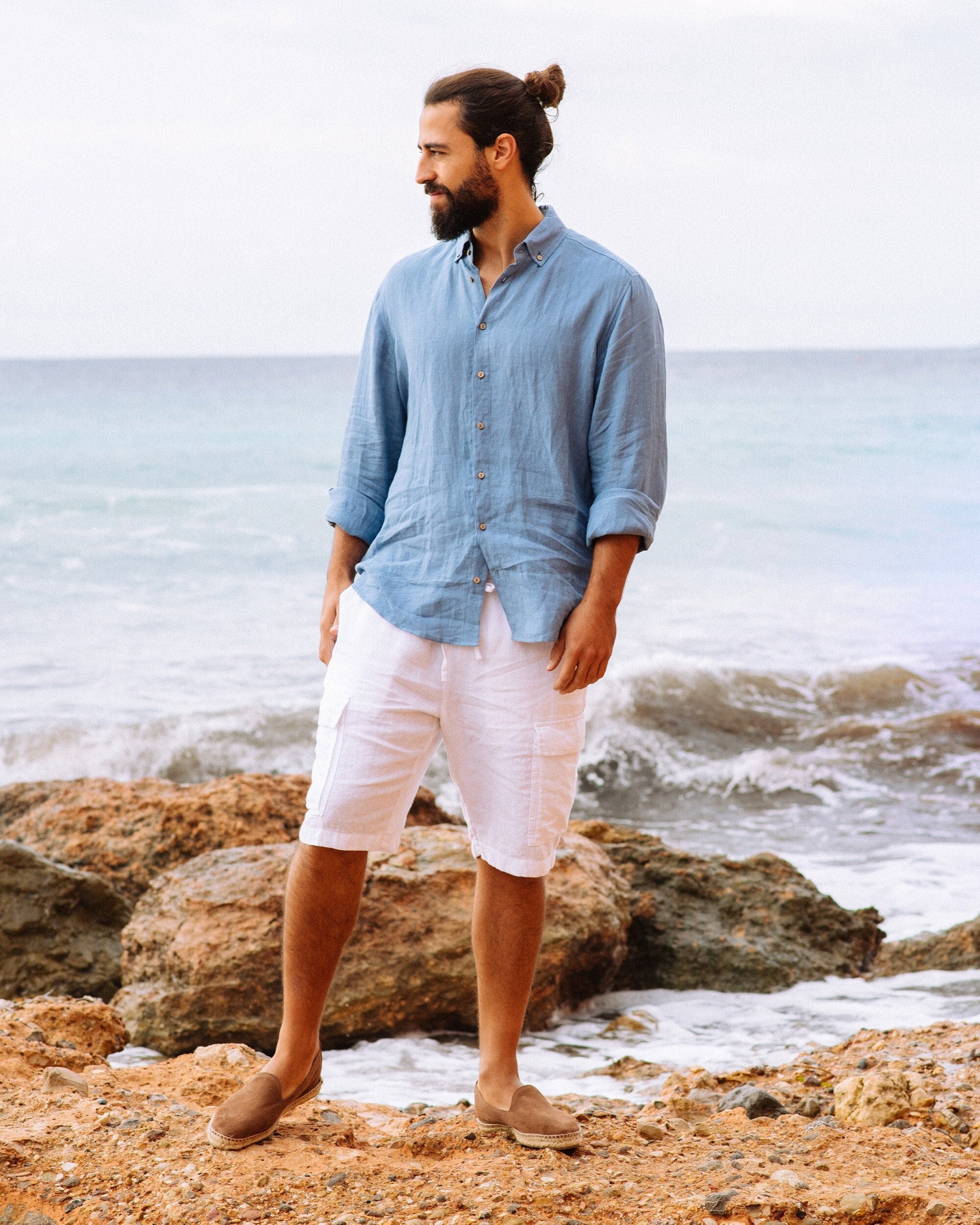 Men's Linen Shirt in Ocean Blue - Lightweight Breathable Long Sleeve Shirt - Casual Button Down Top for Travel, Resort, Gift NEVADA