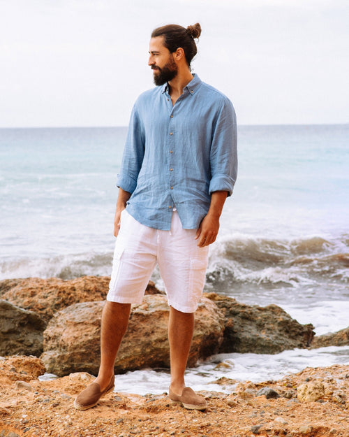 Men's Linen Shirt in Ocean Blue - Lightweight Breathable Long Sleeve Shirt - Casual Button Down Top for Travel, Resort, Gift NEVADA