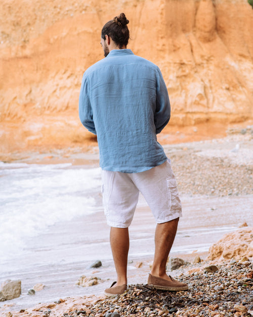 Men's Linen Shirt in Ocean Blue - Lightweight Breathable Long Sleeve Shirt - Casual Button Down Top for Travel, Resort, Gift NEVADA