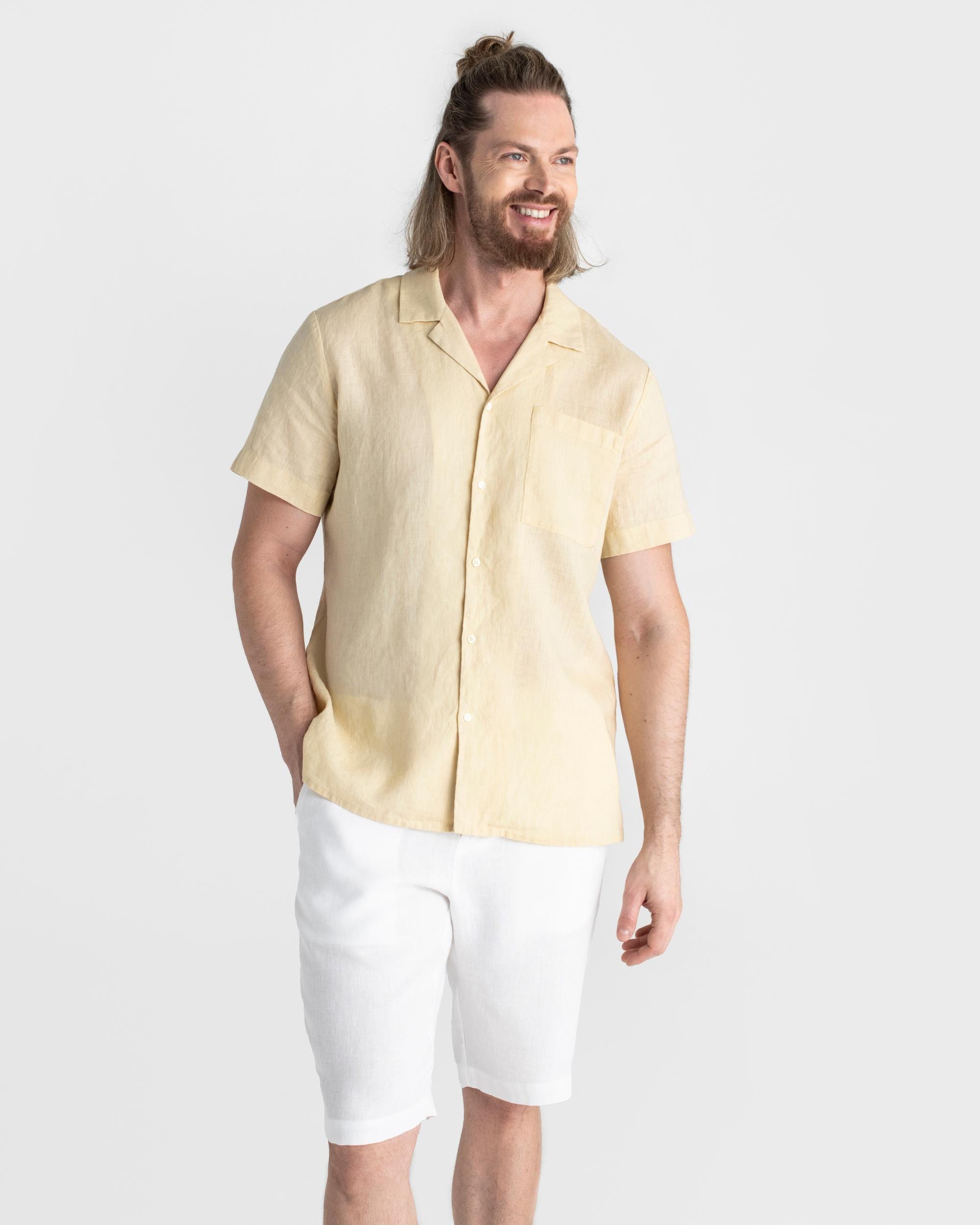 Mens Linen Camp Shirt - Short Sleeve Button Up Shirt for Men - Lightweight Relaxed Fit Vacation Shirt - Cream White HAWI