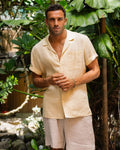 Mens Linen Camp Shirt - Short Sleeve Button Up Shirt for Men - Lightweight Relaxed Fit Vacation Shirt - Cream White HAWI