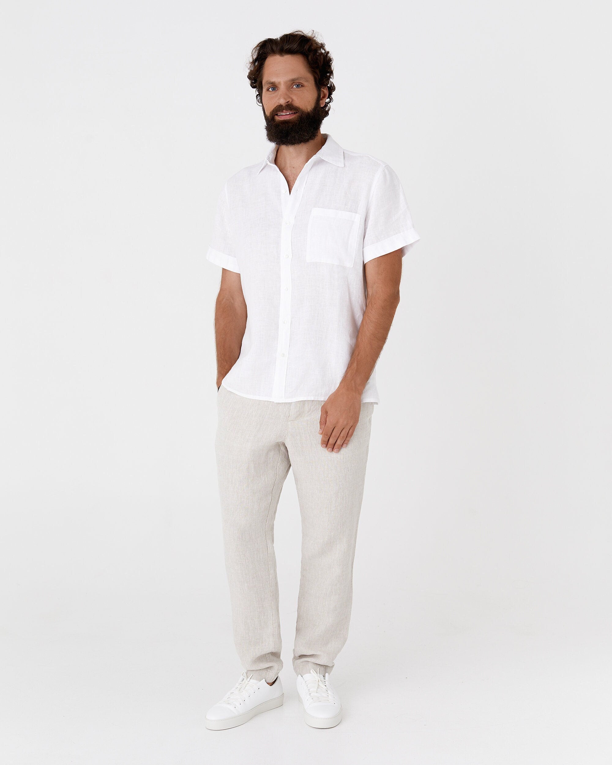 Khaki Green Linen Shirt for Men - Short Sleeve Button Up - Breathable Lightweight Casual Shirt - Ethical Resortwear VERBIER