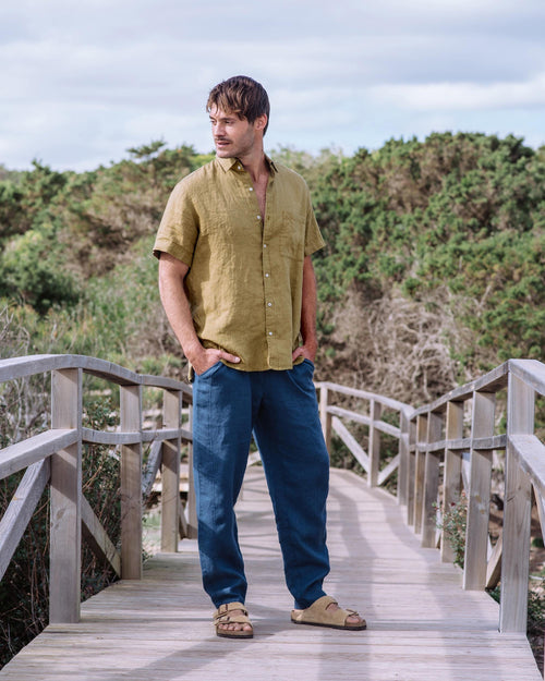 Khaki Green Linen Shirt for Men - Short Sleeve Button Up - Breathable Lightweight Casual Shirt - Ethical Resortwear VERBIER