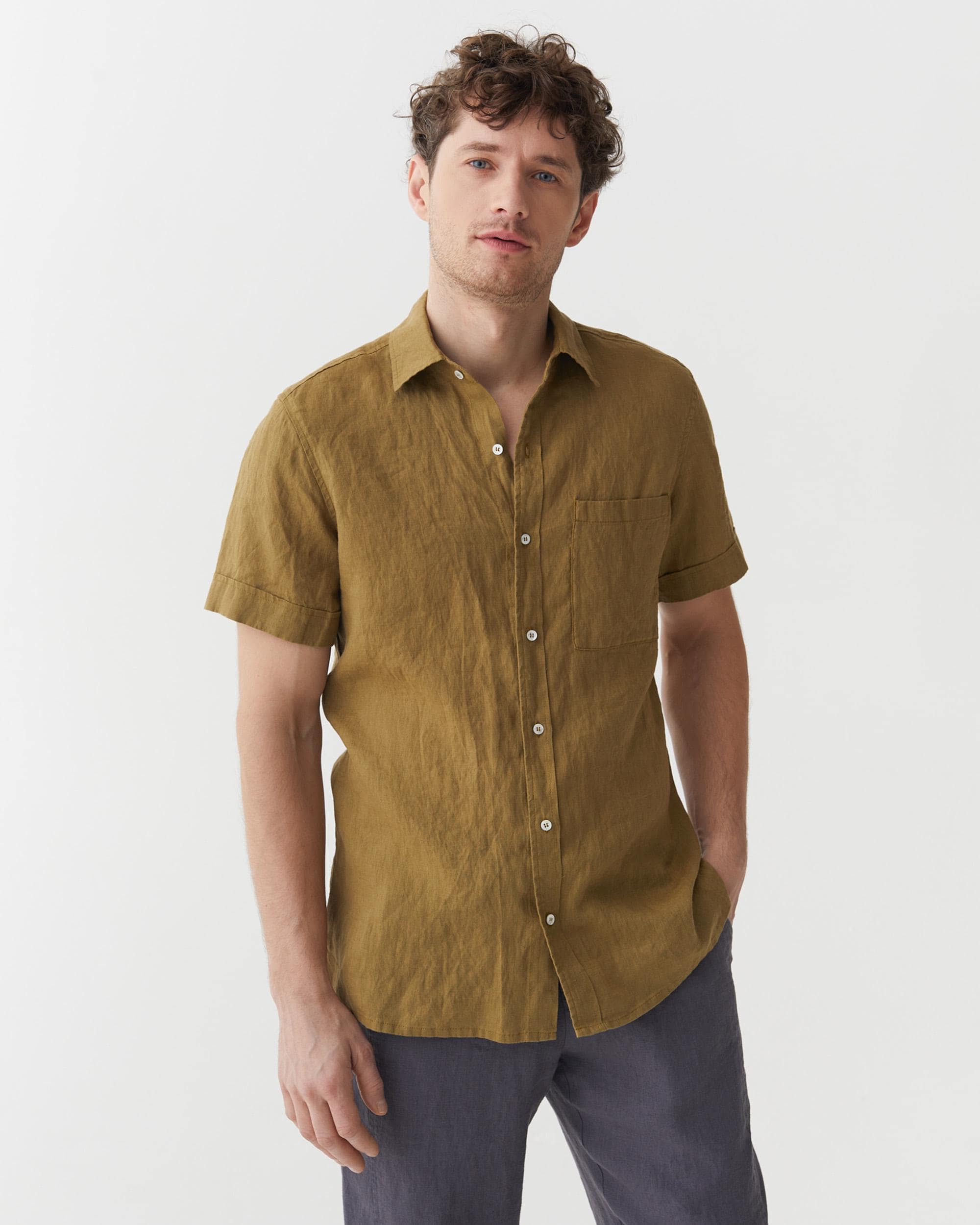 Khaki Green Linen Shirt for Men - Short Sleeve Button Up - Breathable Lightweight Casual Shirt - Ethical Resortwear VERBIER