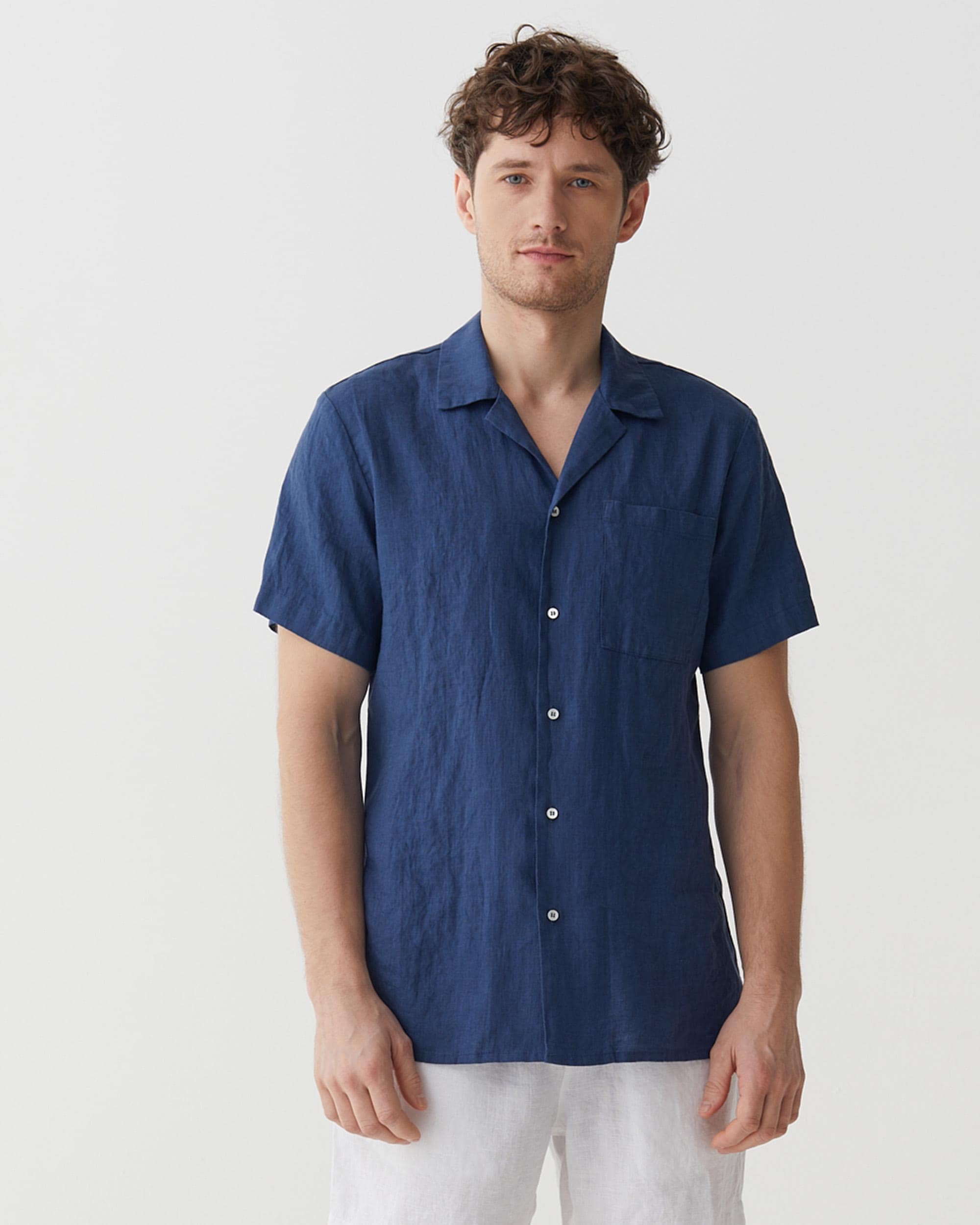 Mens Linen Camp Shirt - Short Sleeve Button Up Shirt for Men - Lightweight Relaxed Fit Vacation Shirt - Deep Navy Blue HAWI