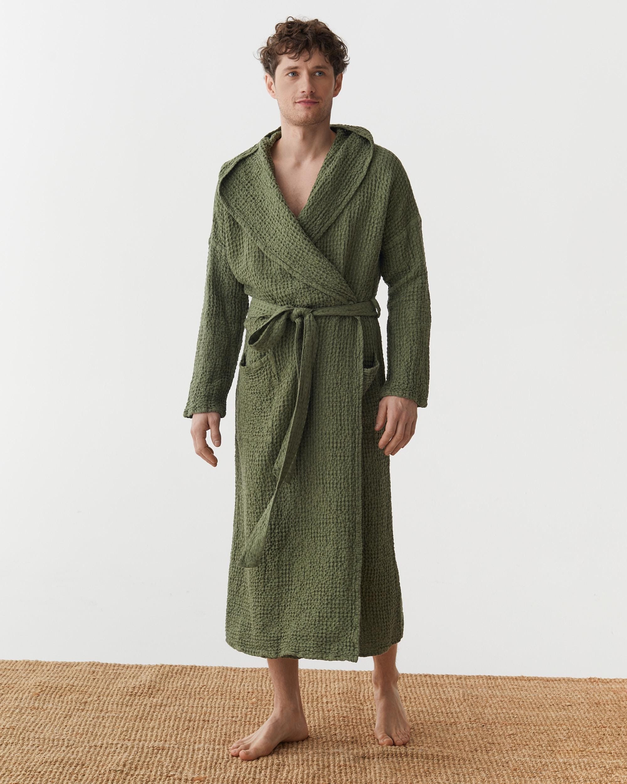 Men's Waffle Linen Robe with Hood - Lightweight Stonewashed Bathrobe - Soft Absorbent Loungewear for Him, Father's Day in Neutral Tones
