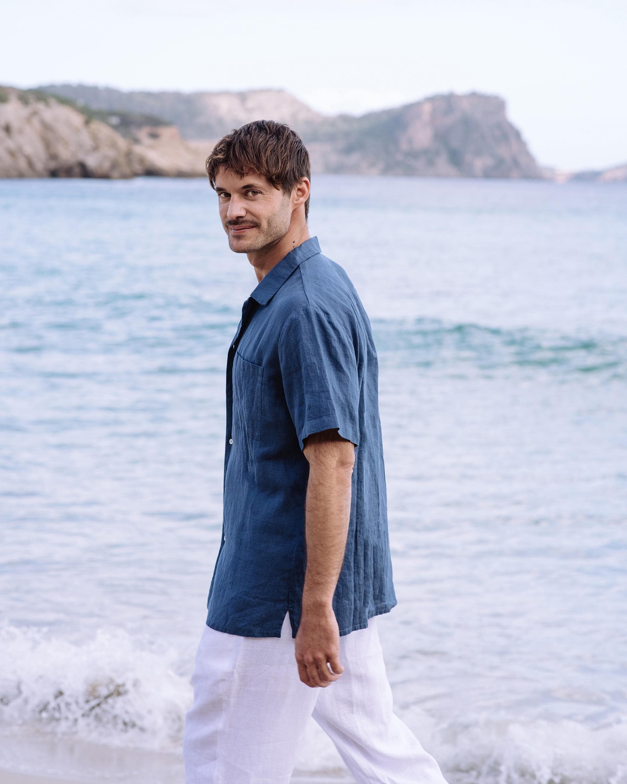 Mens Linen Camp Shirt - Short Sleeve Button Up Shirt for Men - Lightweight Relaxed Fit Vacation Shirt - Deep Navy Blue HAWI