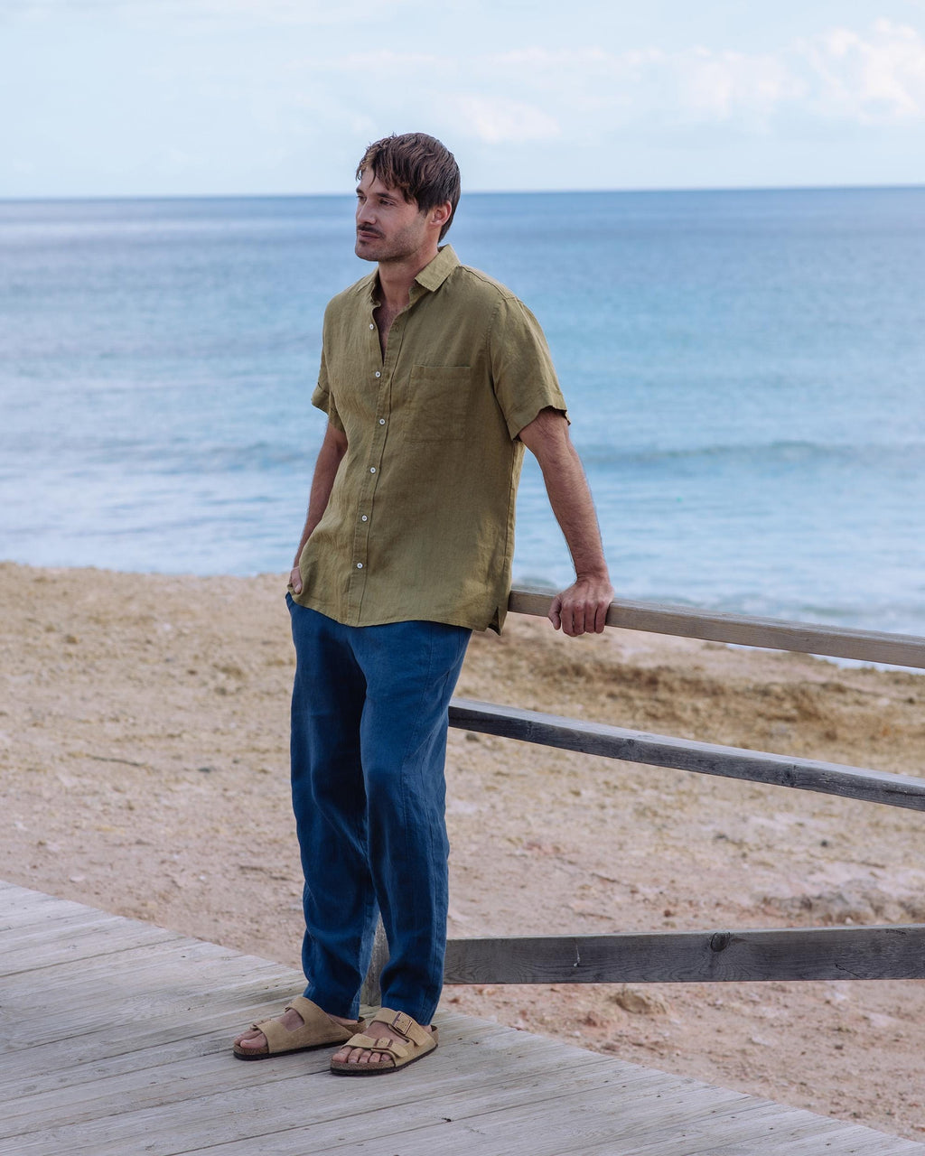 Khaki Green Linen Shirt for Men - Short Sleeve Button Up - Breathable Lightweight Casual Shirt - Ethical Resortwear VERBIER