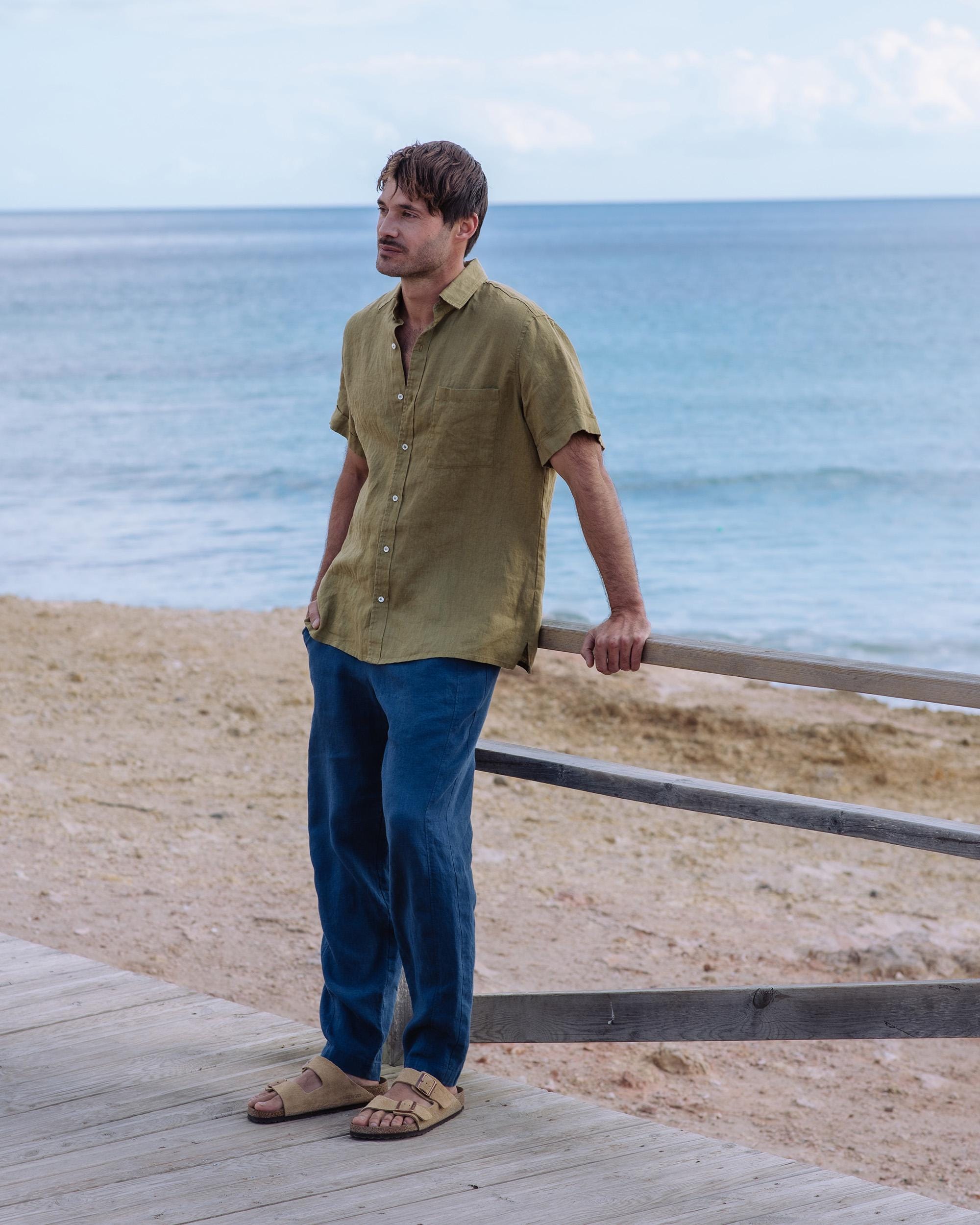 Khaki Green Linen Shirt for Men - Short Sleeve Button Up - Breathable Lightweight Casual Shirt - Ethical Resortwear VERBIER