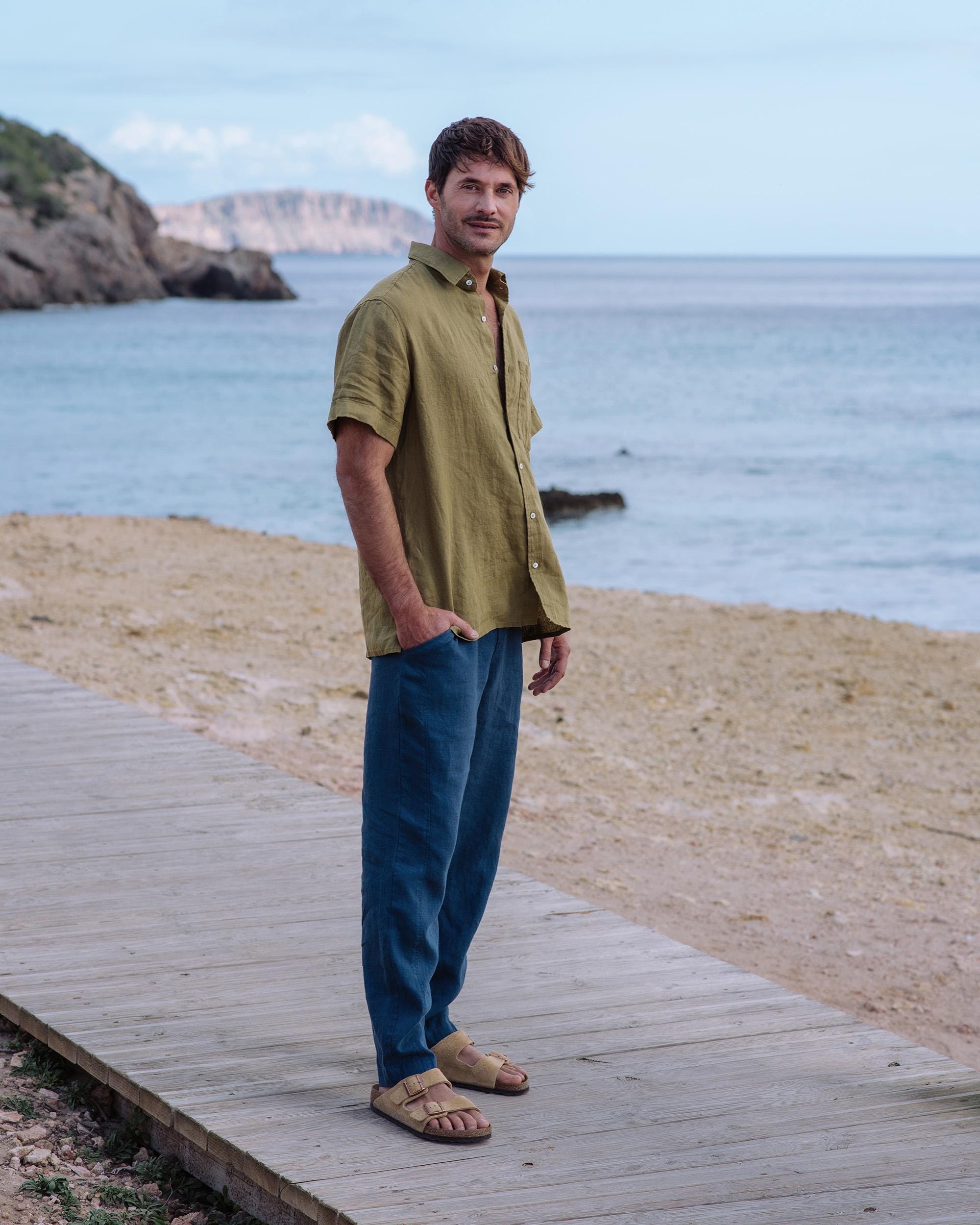 Khaki Green Linen Shirt for Men - Short Sleeve Button Up - Breathable Lightweight Casual Shirt - Ethical Resortwear VERBIER