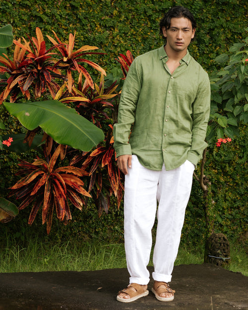 Men's Linen Shirt - Forest Green Lightweight Long Sleeve Button Down Shirt - Breathable Travel Top - Outfit, Look Gift for Him NEVADA