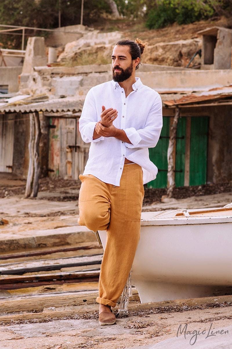 Mens Linen Shirt - Long Sleeve Lightweight White Linen Shirt for Men - Breathable Button Down Outfit, Look - Gift for Husband NEVADA