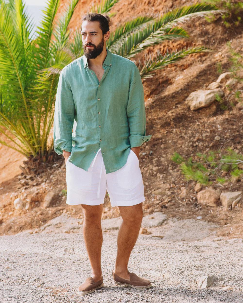Mens Linen Shirt - Long Sleeve Button Down Shirt for Men - Lightweight Relaxed Fit Gift for Husband - Matcha Green NEVADA