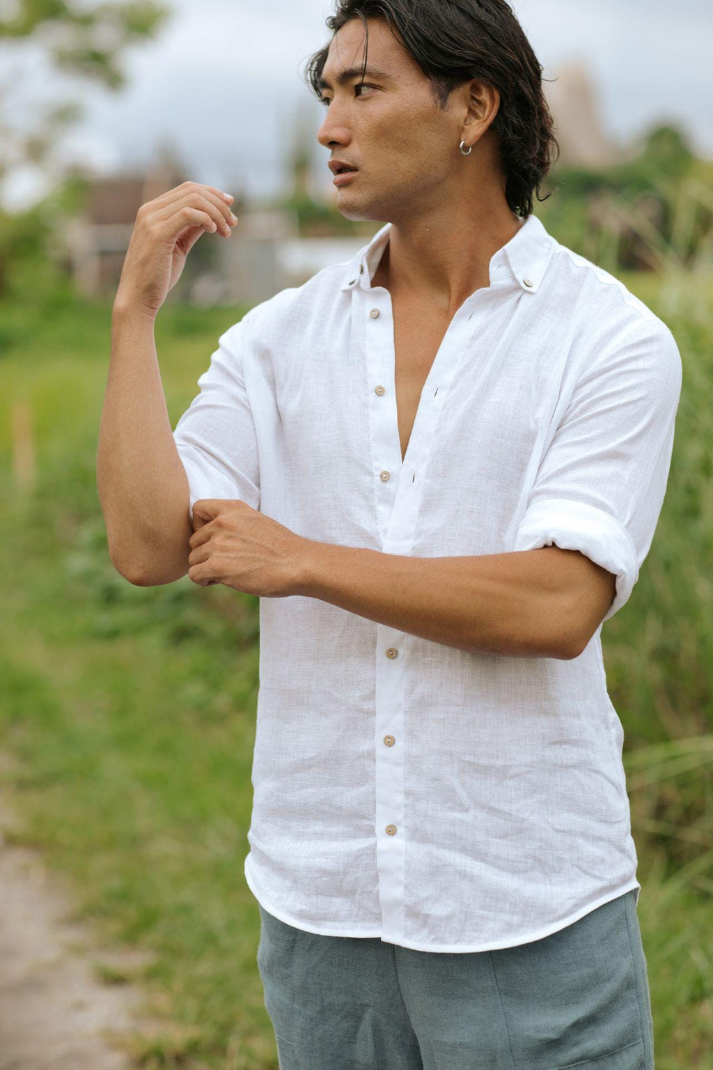 Mens Linen Shirt - Long Sleeve Lightweight White Linen Shirt for Men - Breathable Button Down Outfit, Look - Gift for Husband NEVADA
