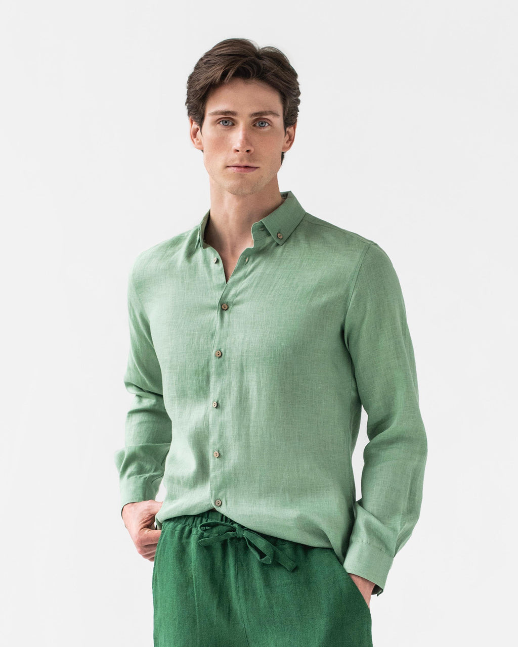 Mens Linen Shirt - Long Sleeve Button Down Shirt for Men - Lightweight Relaxed Fit Gift for Husband - Matcha Green NEVADA