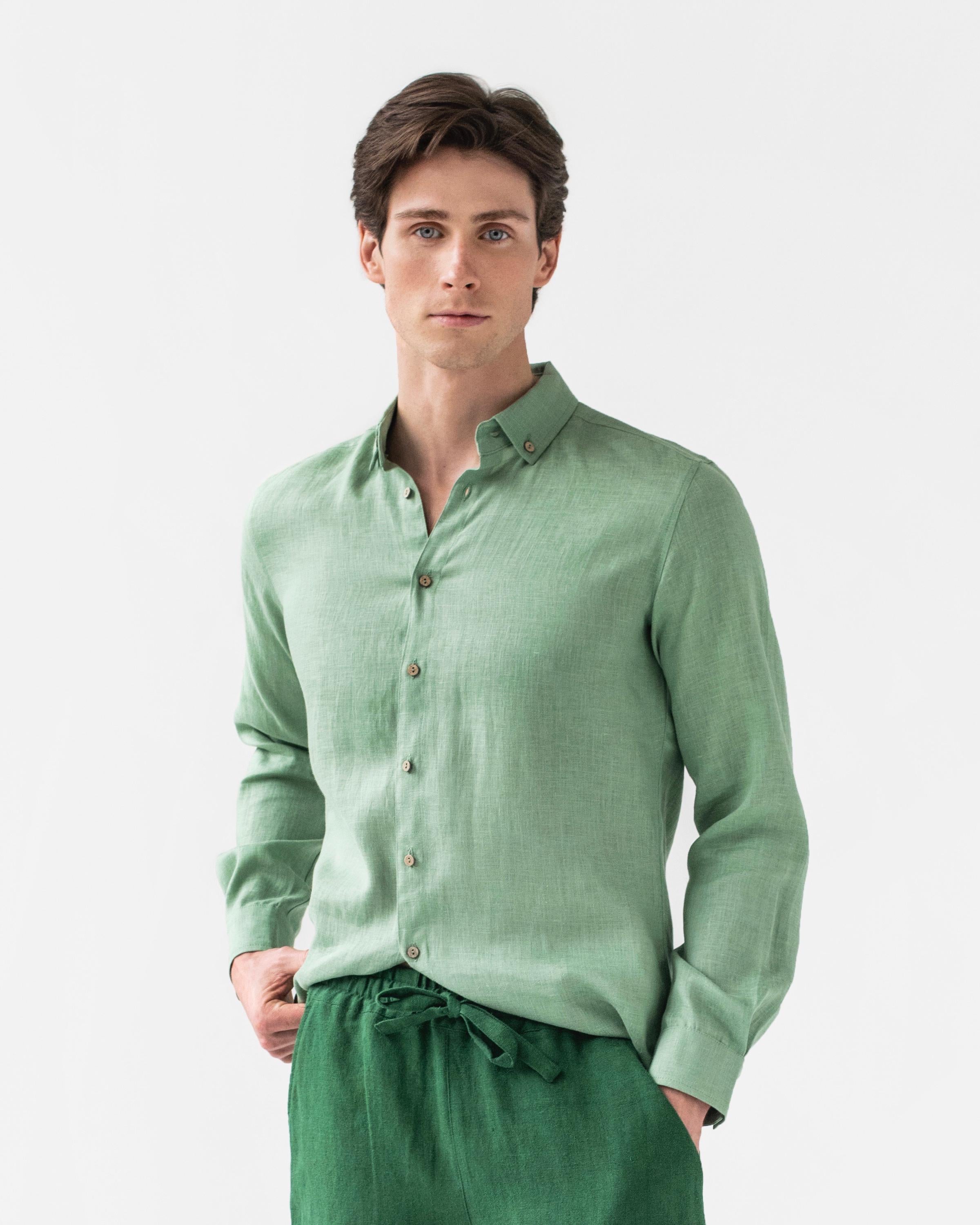 Mens Linen Shirt - Long Sleeve Button Down Shirt for Men - Lightweight Relaxed Fit Gift for Husband - Matcha Green NEVADA