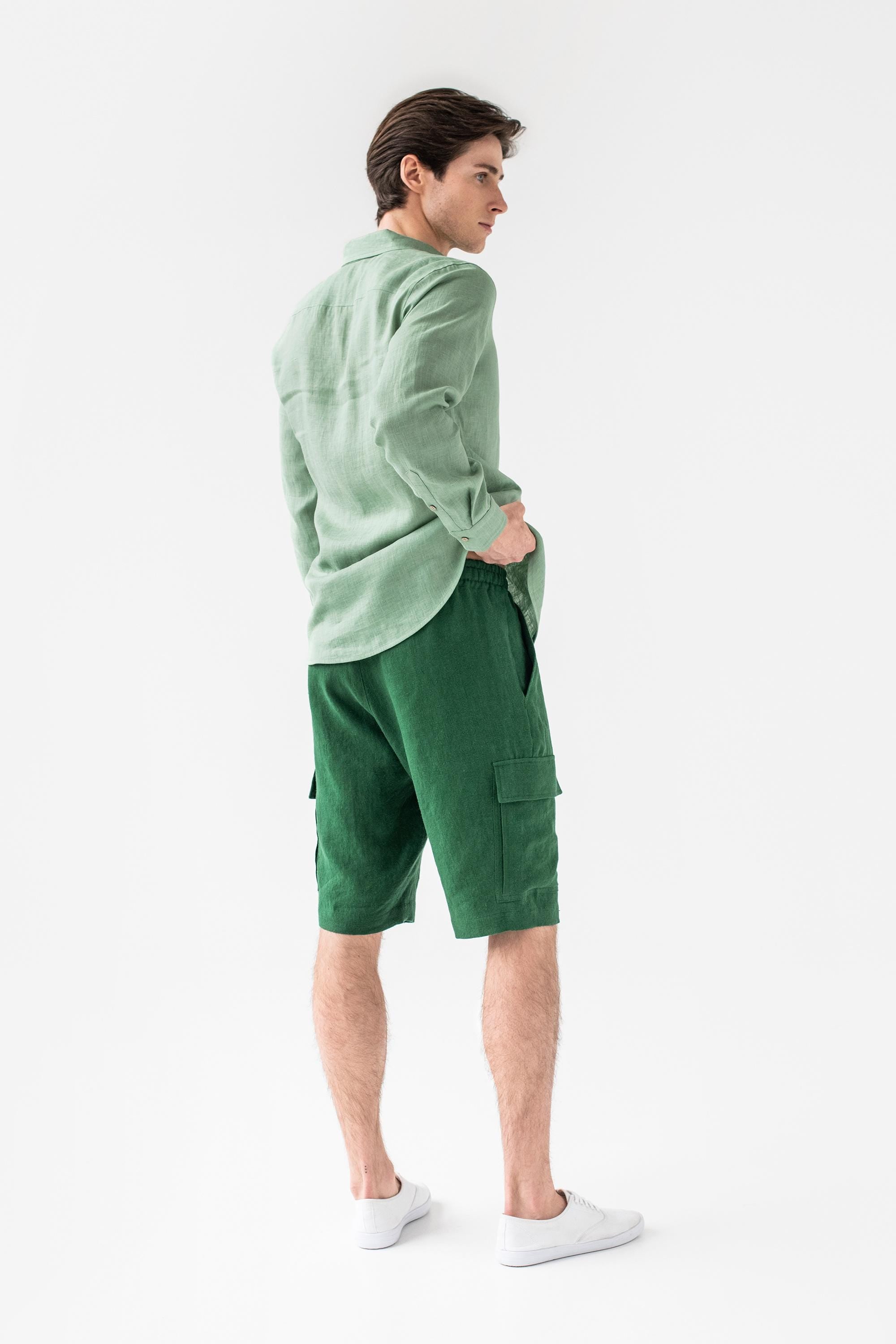 Mens Linen Shirt - Long Sleeve Button Down Shirt for Men - Lightweight Relaxed Fit Gift for Husband - Matcha Green NEVADA