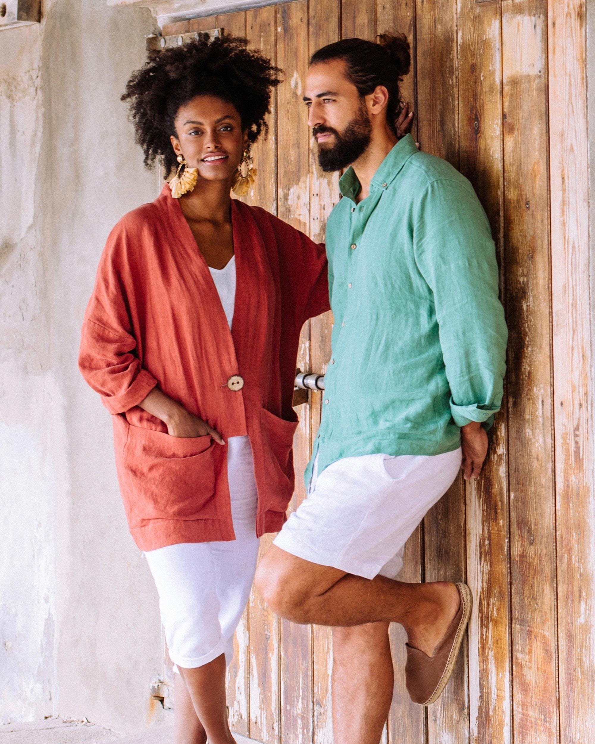 Mens Linen Shirt - Long Sleeve Button Down Shirt for Men - Lightweight Relaxed Fit Gift for Husband - Matcha Green NEVADA