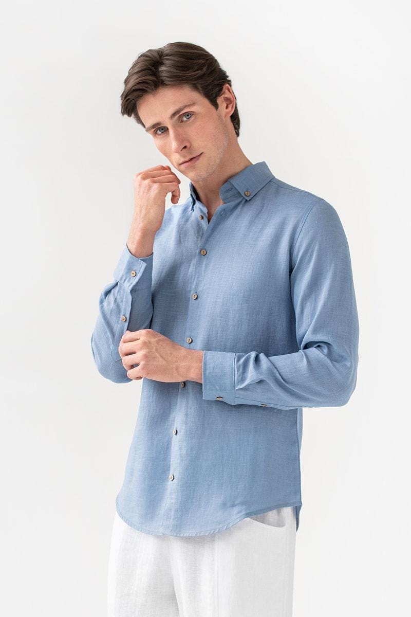 Men's Linen Shirt in Ocean Blue - Lightweight Breathable Long Sleeve Shirt - Casual Button Down Top for Travel, Resort, Gift NEVADA