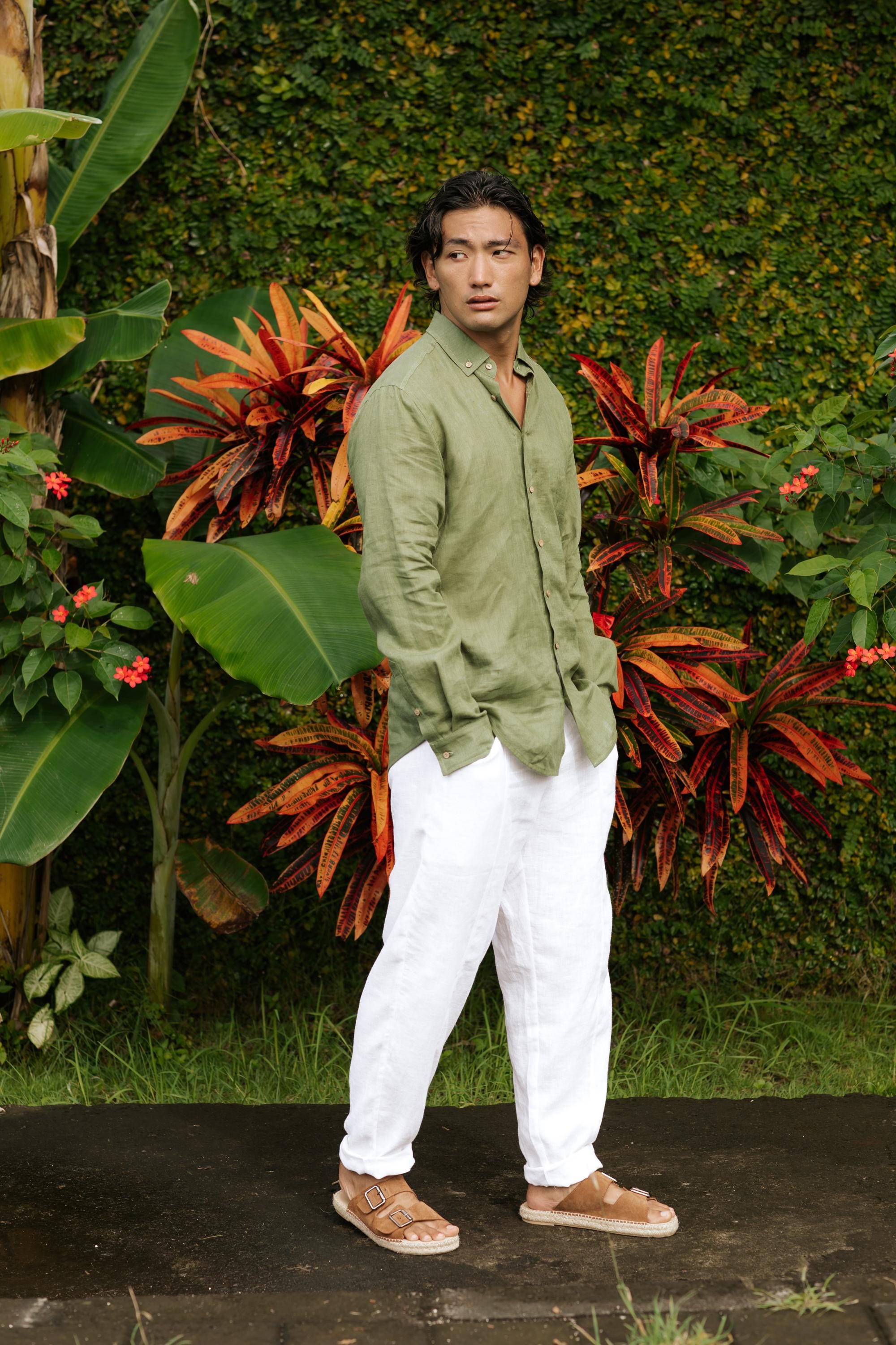 Men's Linen Shirt - Forest Green Lightweight Long Sleeve Button Down Shirt - Breathable Travel Top - Outfit, Look Gift for Him NEVADA