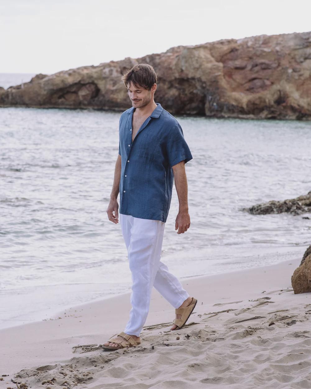 Mens Linen Camp Shirt - Short Sleeve Button Up Shirt for Men - Lightweight Relaxed Fit Vacation Shirt - Cream White HAWI