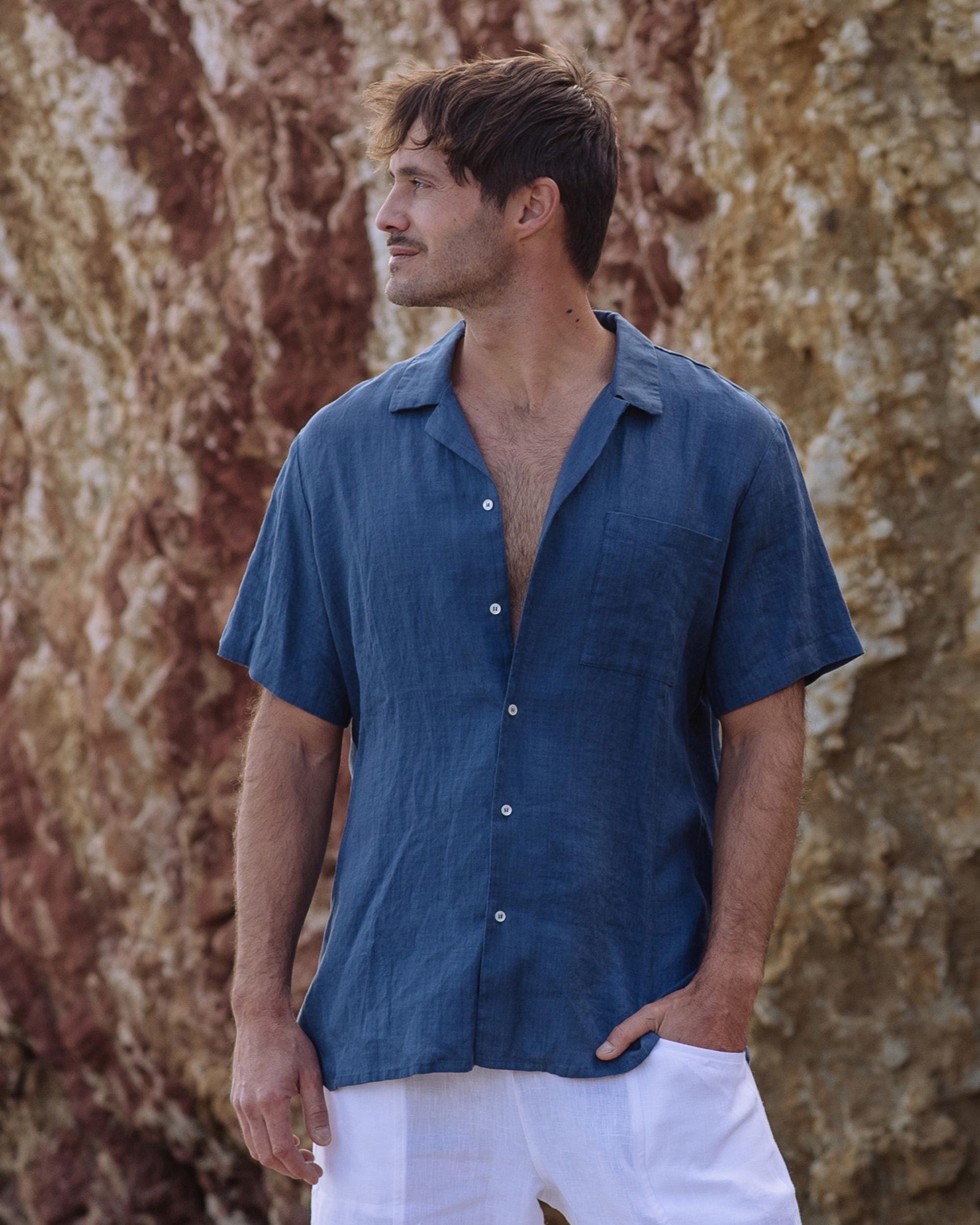 Mens Linen Camp Shirt - Short Sleeve Button Up Shirt for Men - Lightweight Relaxed Fit Vacation Shirt - Deep Navy Blue HAWI