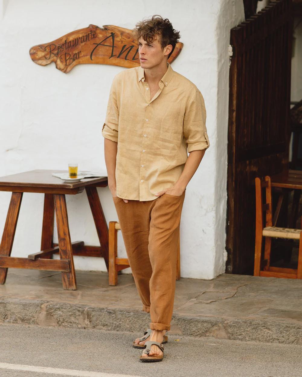 Mens Linen Pants - Natural Melange Trousers with Elastic Waist and Cargo Pockets - Breathable Clothing - Lightweight Outfit TRUCKEE