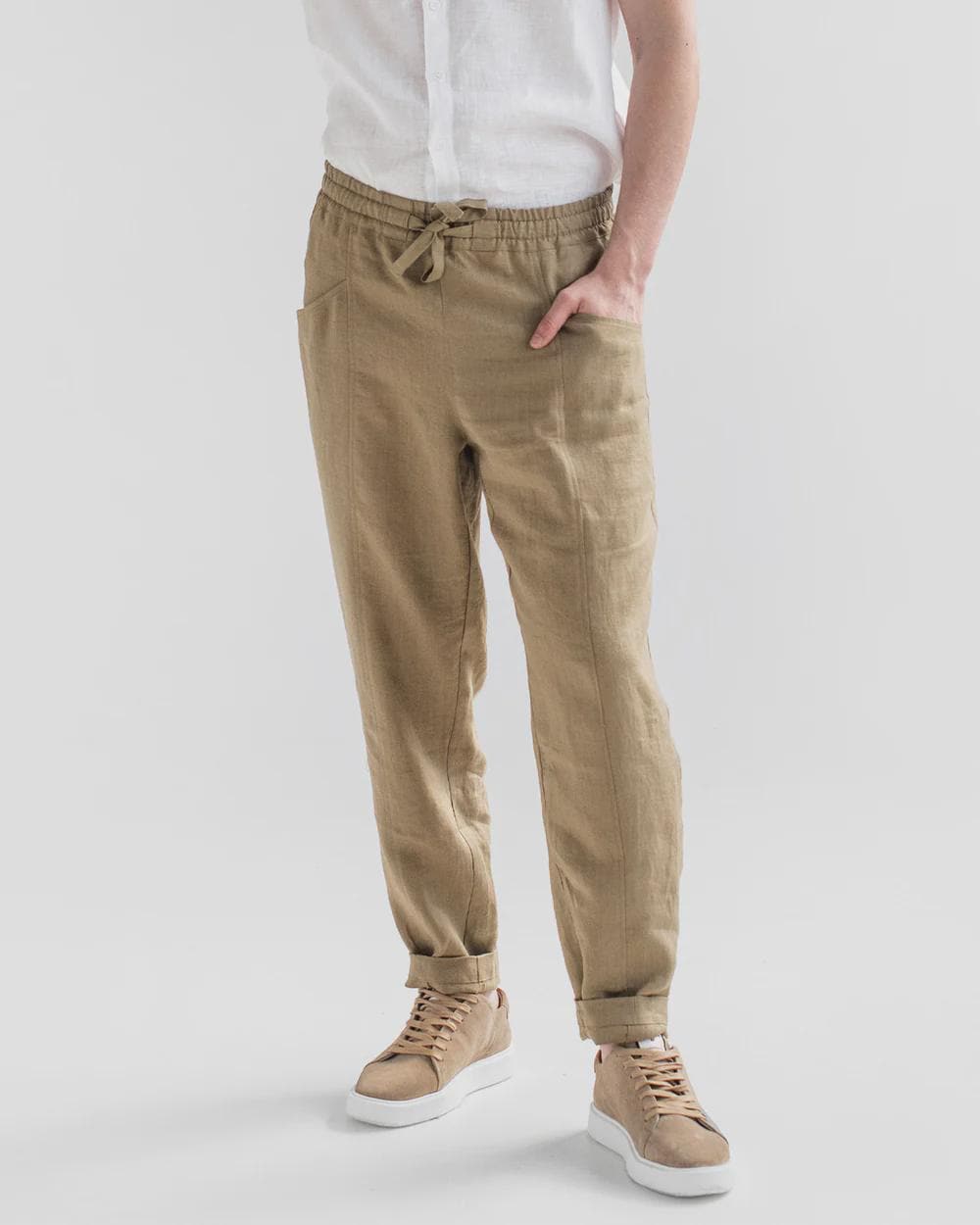 Mens Linen Pants - Dried Moss Trousers with Elastic Waist and Cargo Pockets - Lightweight Wear for Men - Breathable Outfit TRUCKEE