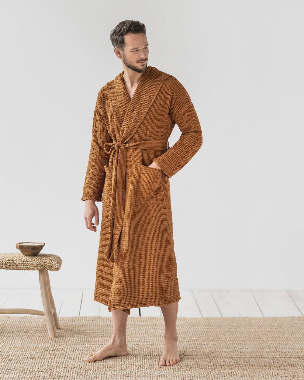 Men's Waffle Linen Robe with Hood - Lightweight Stonewashed Bathrobe - Soft Absorbent Loungewear for Him, Father's Day in Neutral Tones