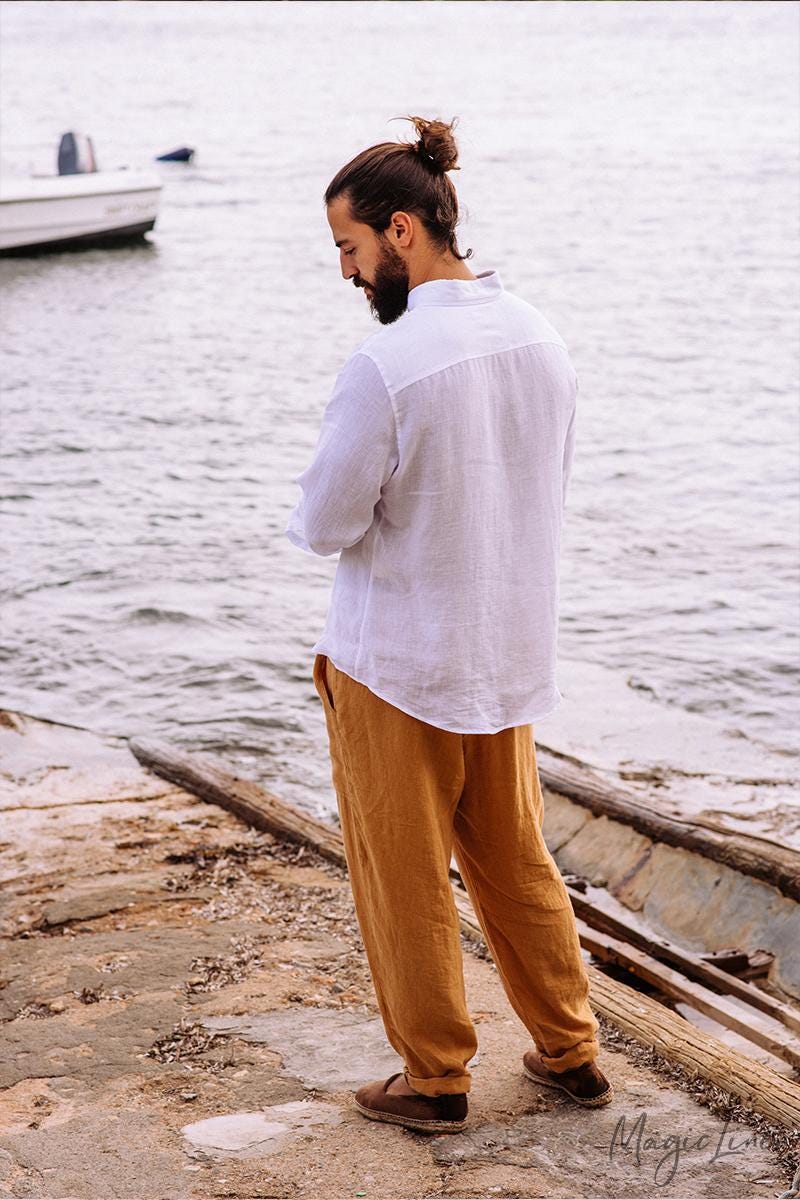 Mens Linen Shirt - Long Sleeve Lightweight White Linen Shirt for Men - Breathable Button Down Outfit, Look - Gift for Husband NEVADA