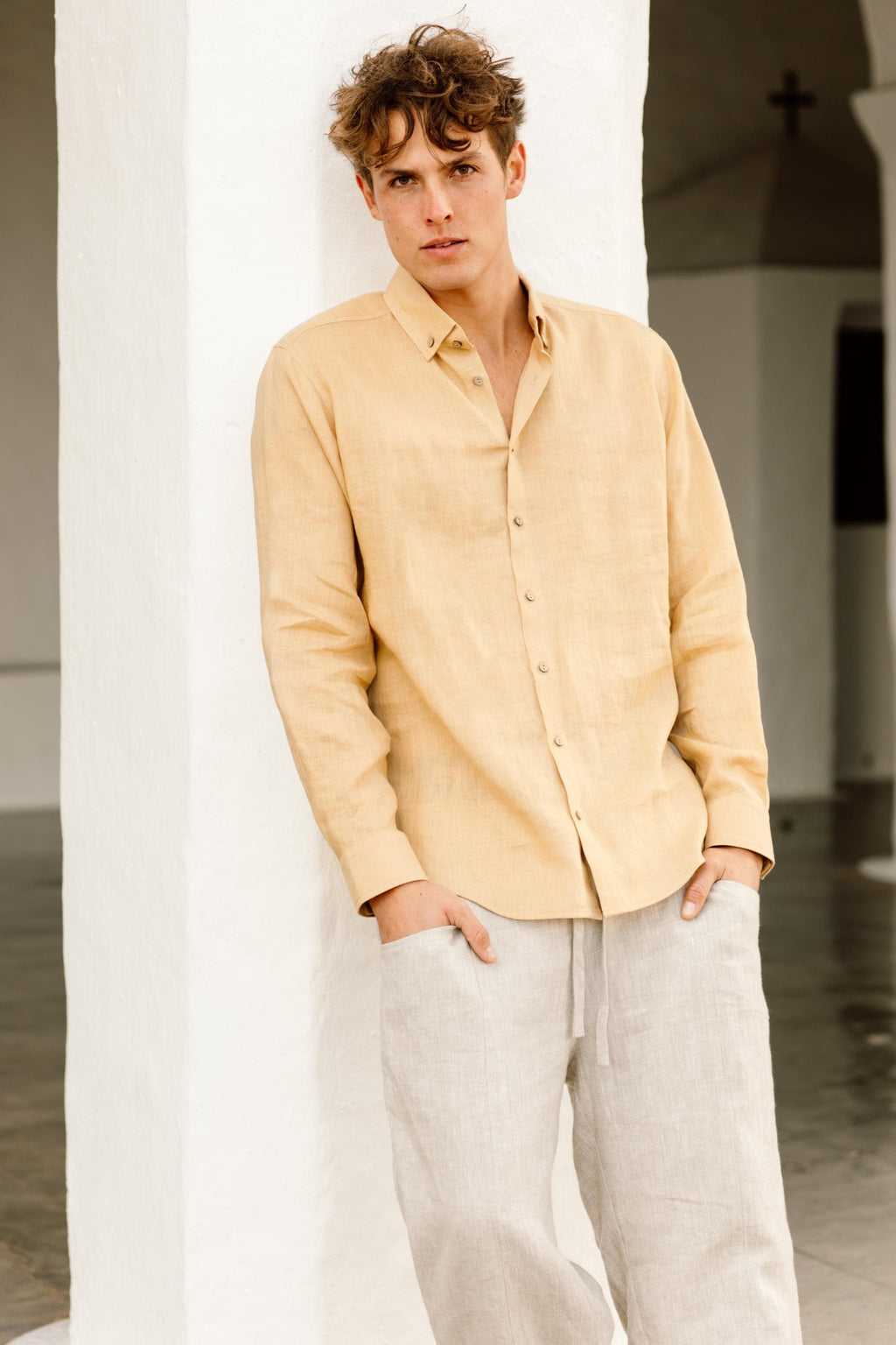 Mens Linen Shirt - Long Sleeve Lightweight Button Down Shirt for Men - Relaxed Fit Neutral Linen Top - Sandy Beige Outfit NEVADA