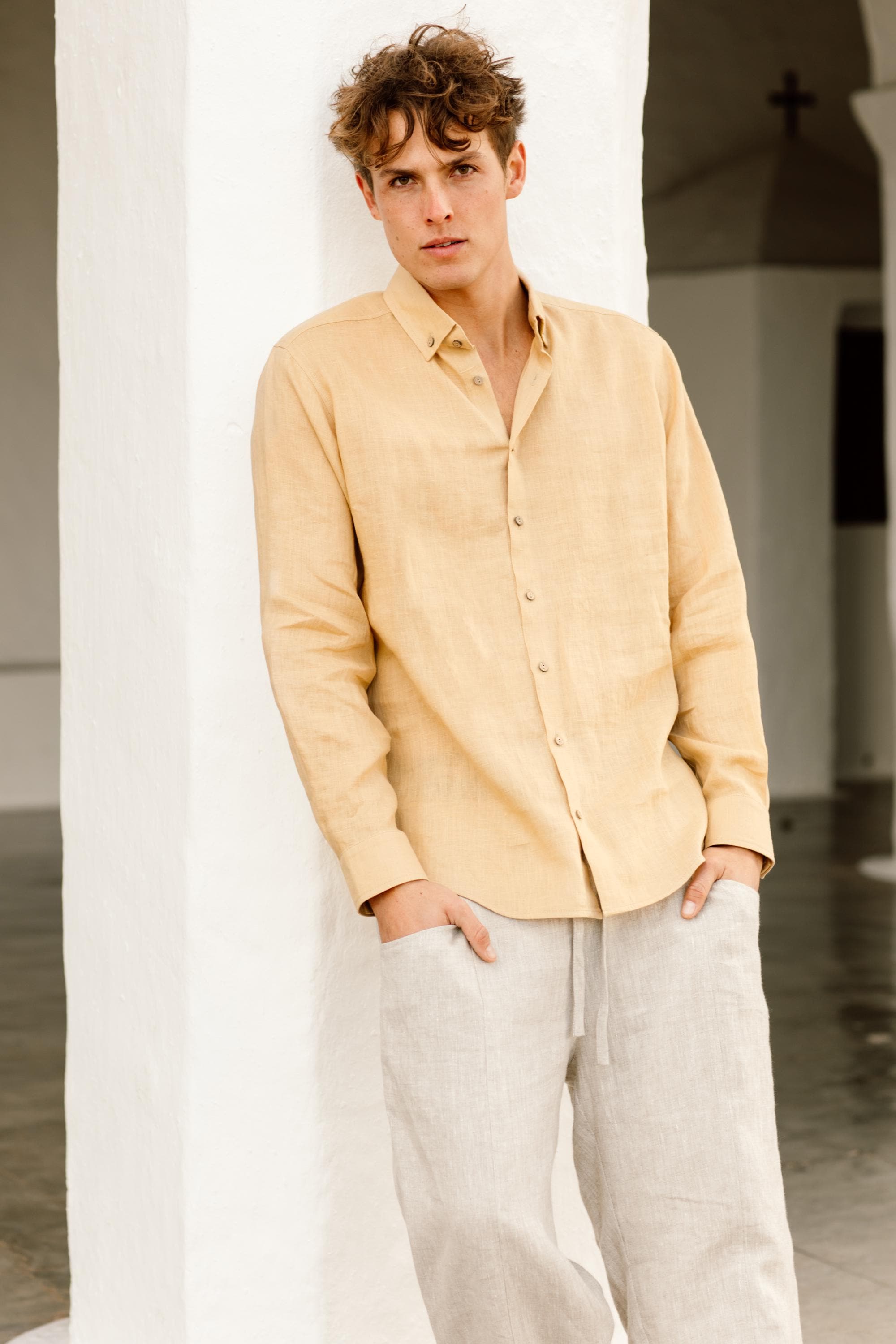 Mens Linen Shirt - Long Sleeve Lightweight Button Down Shirt for Men - Relaxed Fit Neutral Linen Top - Sandy Beige Outfit NEVADA