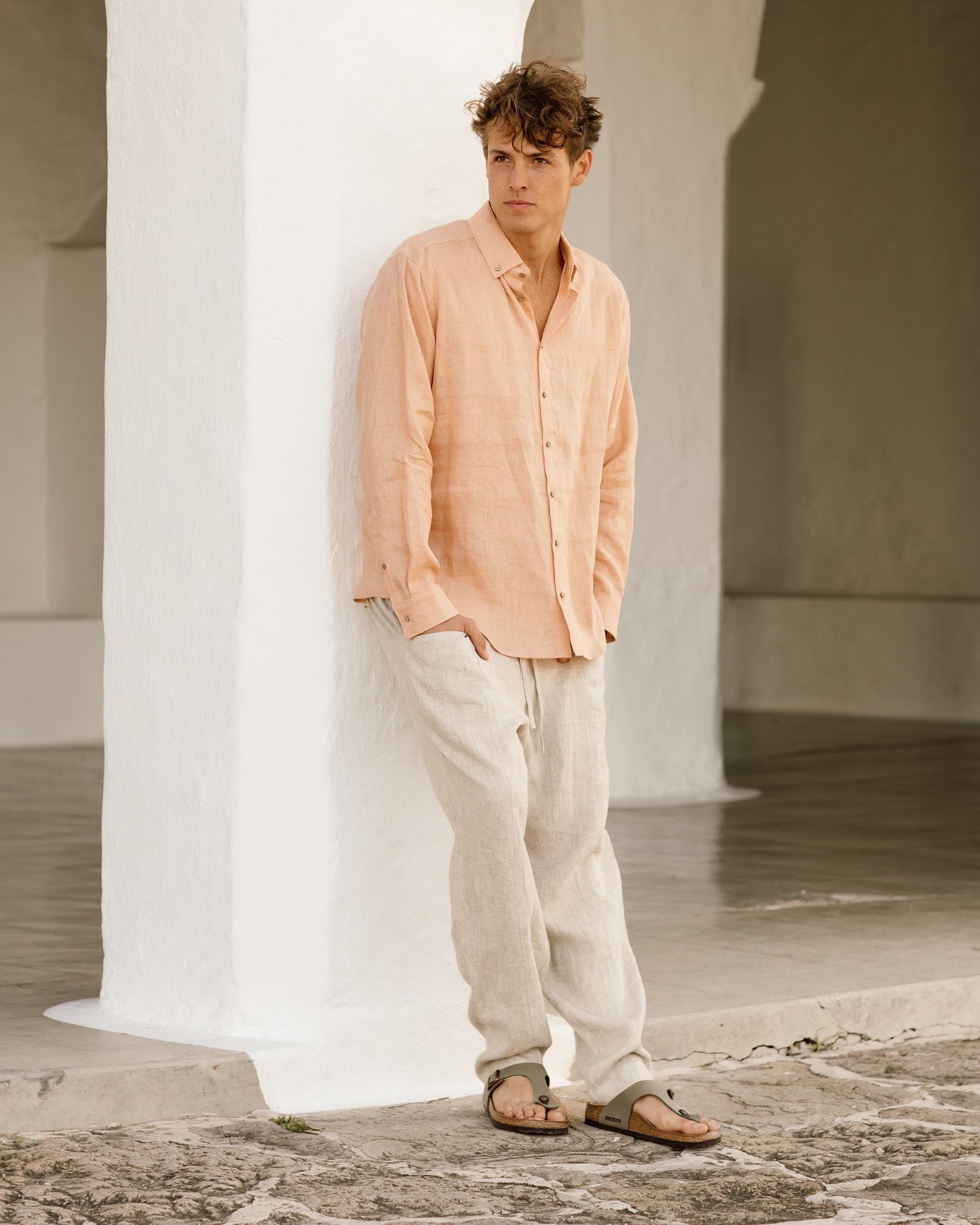 Mens Linen Shirt - Long Sleeve Lightweight Peach Linen Shirt for Men - Relaxed Fit Button Down Gift - Peach NEVADA